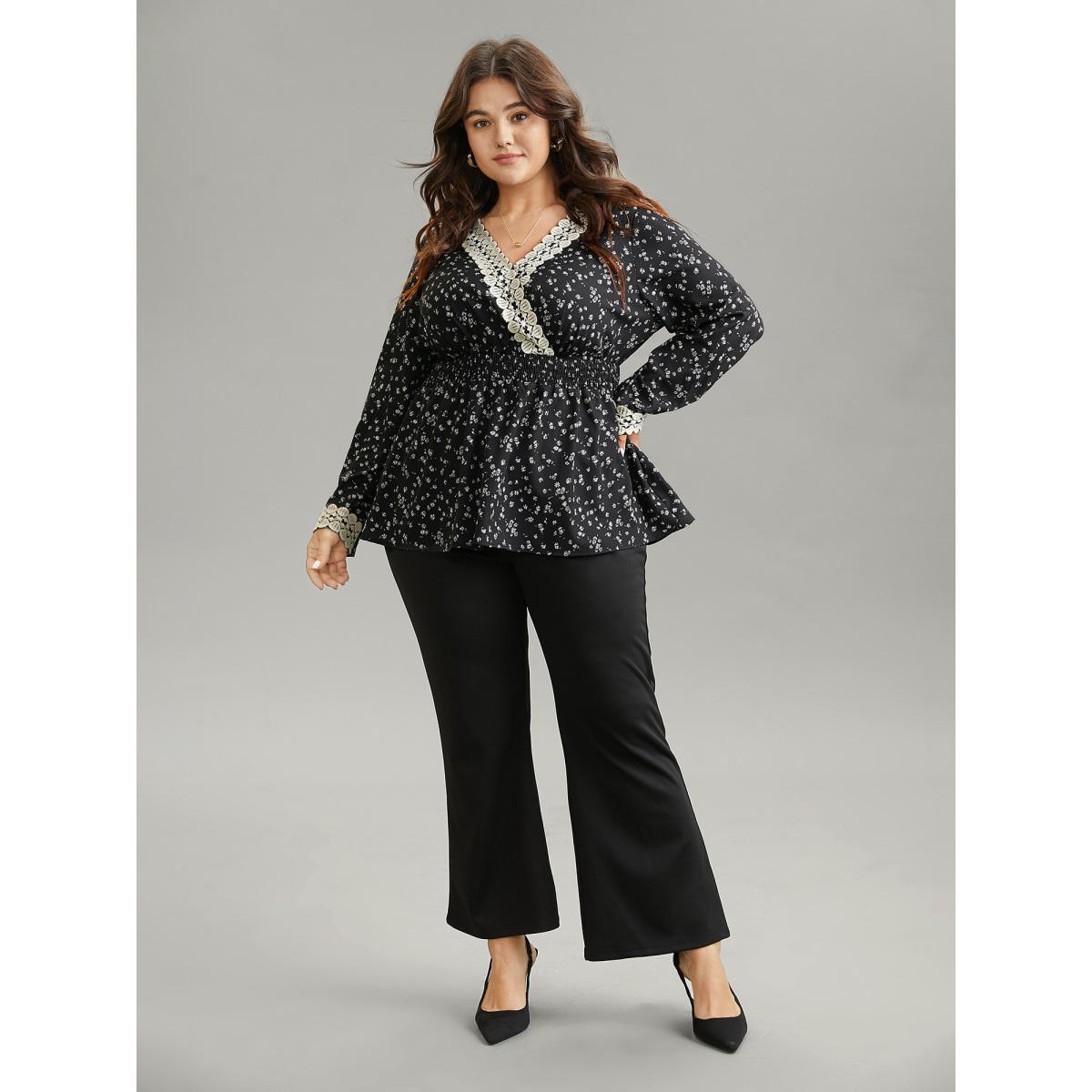 Plus Size Black Ditsy Floral Wrap Shirred Lace Patchwork Blouse Women Elegant Long Sleeve Overlap Collar Vacation Blouses BloomChic 14-16/1X Product Image