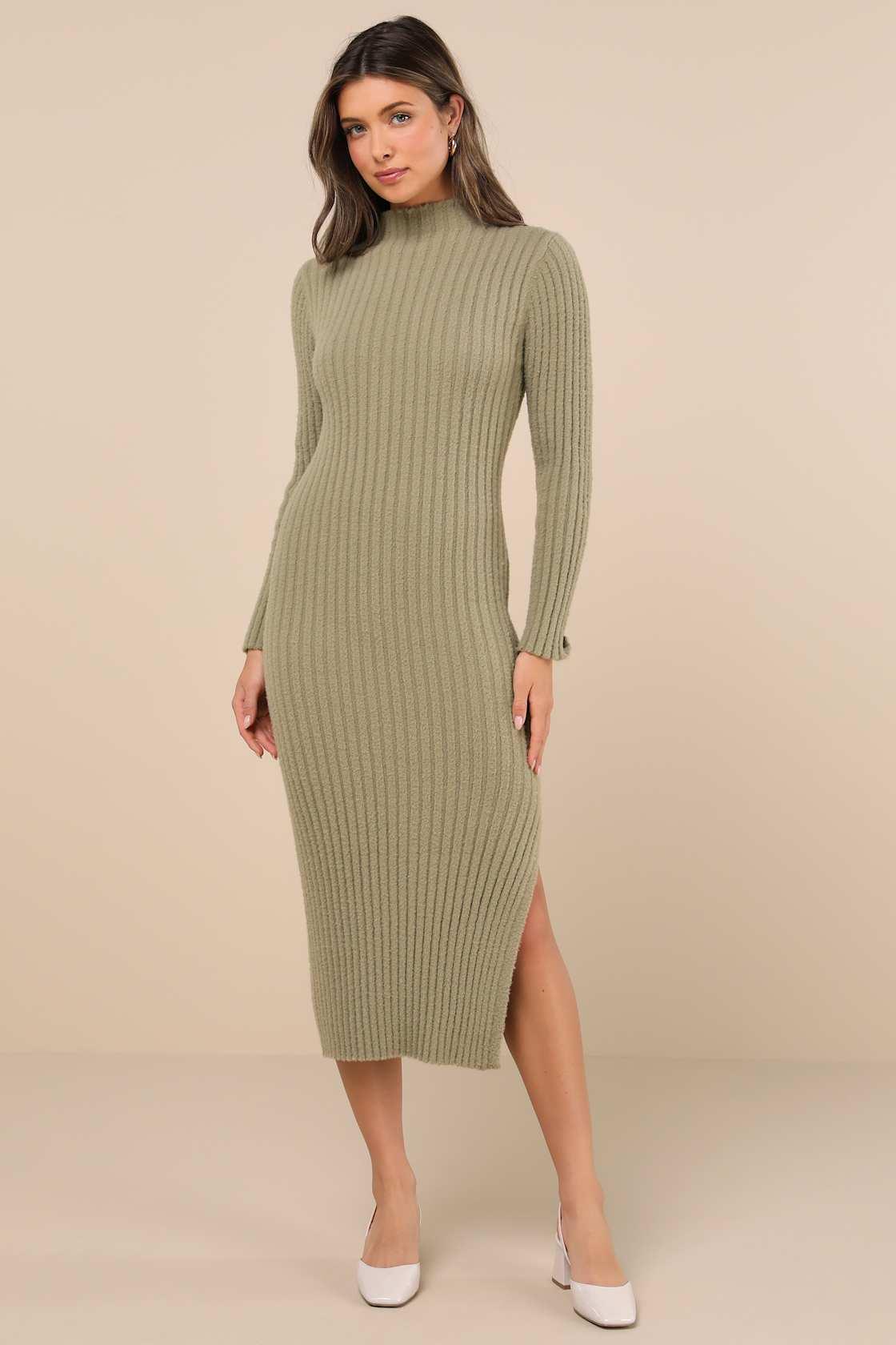 Irresistible Feelings Olive Fuzzy Knit Midi Sweater Dress Product Image