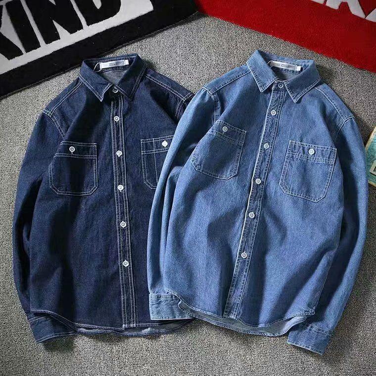 Long Sleeve Collared Washed Denim Shirt Product Image