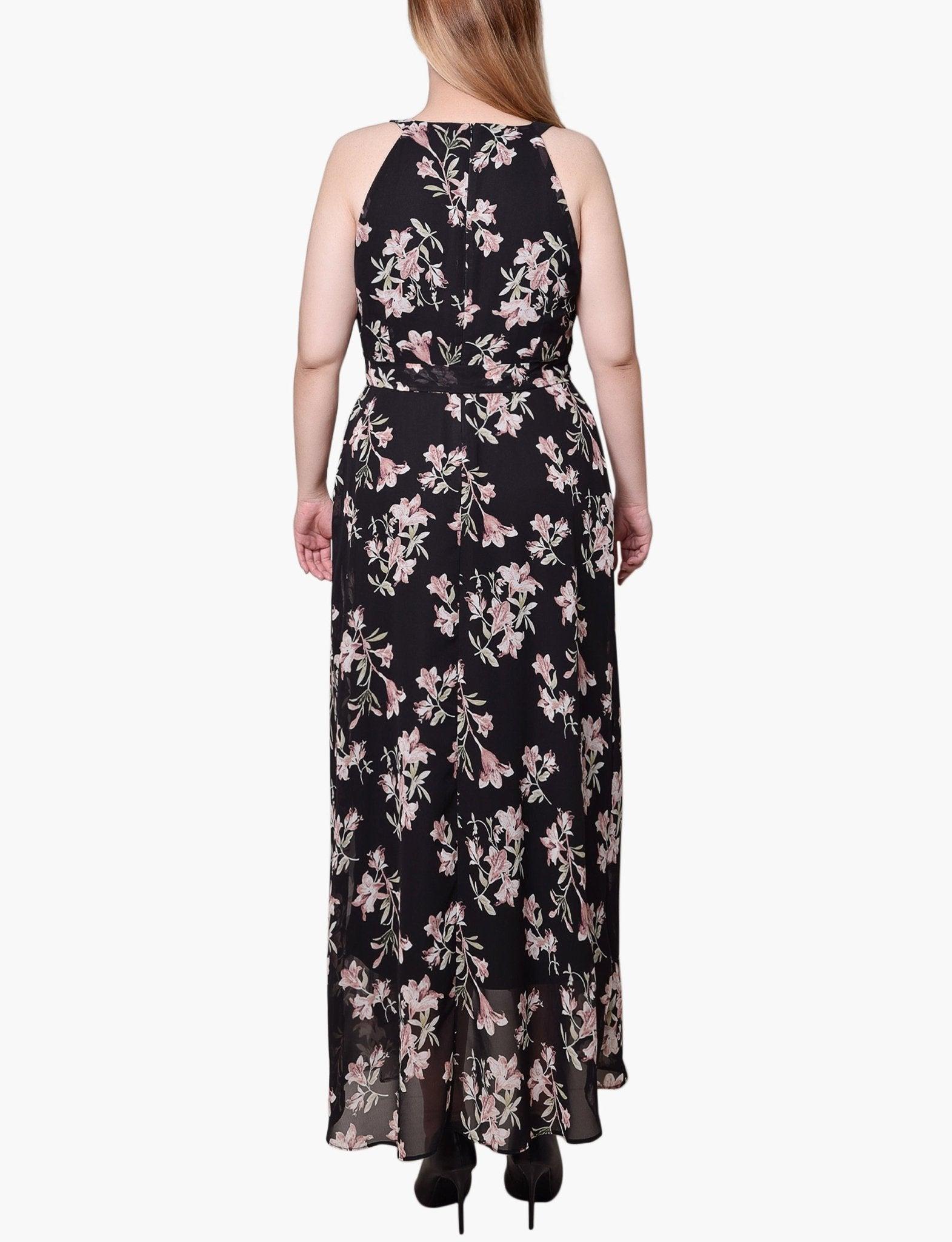 Black Pink Halter Front Chiffon Maxi Dress - Petite Product Image