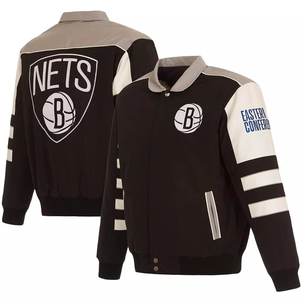 Men's JH Design Black Brooklyn Nets Stripe Colorblock Nylon Reversible Full-Snap Jacket,  Product Image