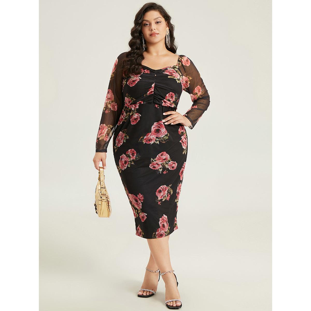 Plus Size Floral Mesh Patchwork Ruched Square Neck Split Hem Dress BlackFlower Women Cocktail Gathered Square Neck Long Sleeve Curvy Midi Dress BloomChic 26/4X Product Image