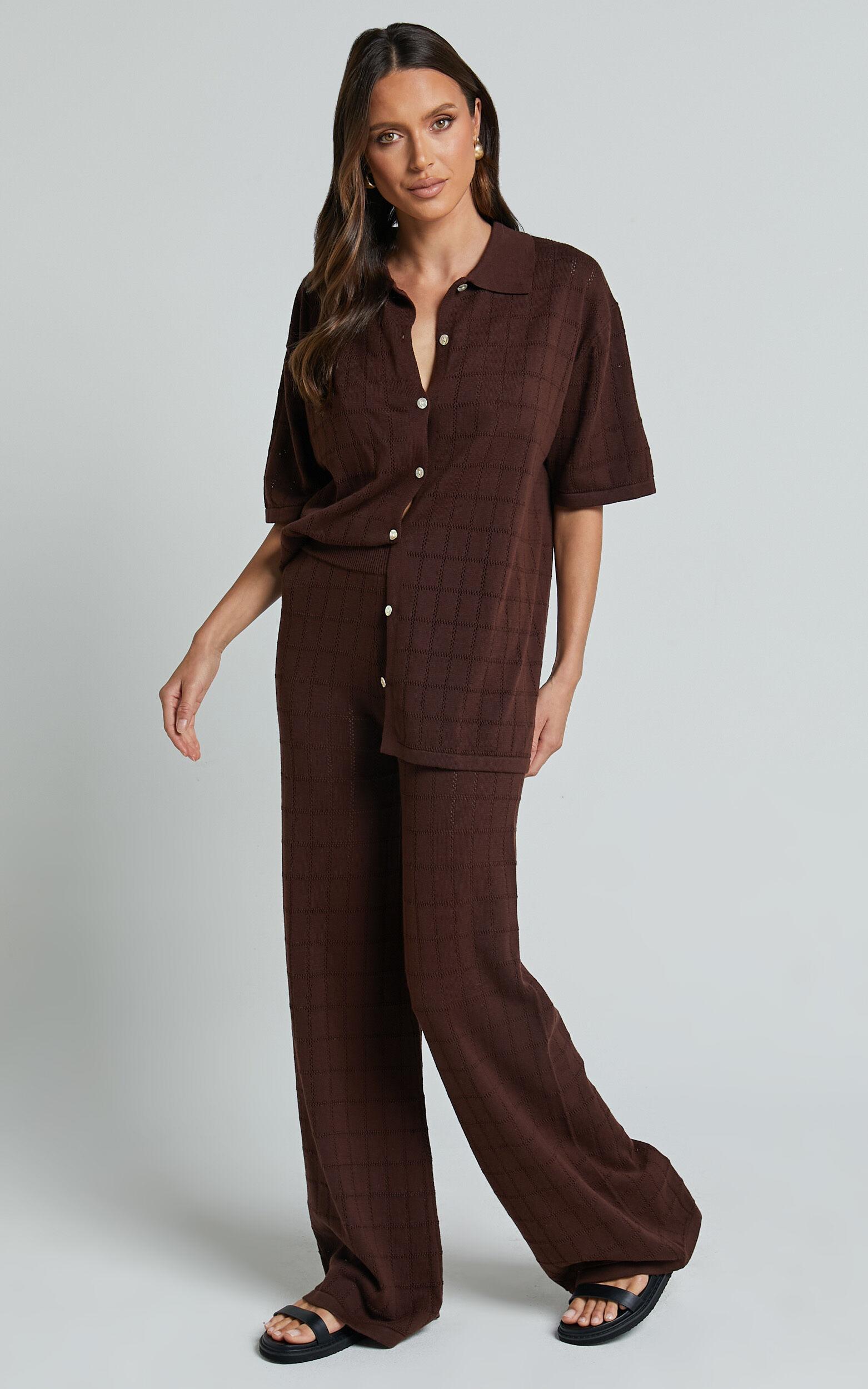 Tommy Two Piece Set - Knit Button Through Top and Pants Two Piece Set in Chocolate Product Image