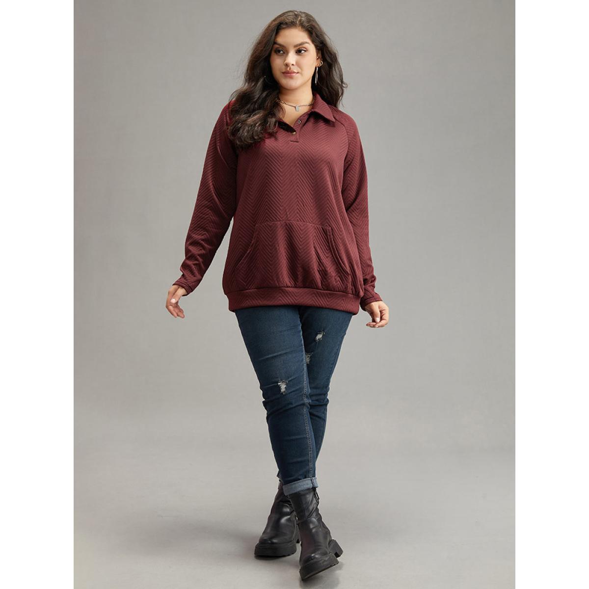 Plus Size Solid Plisse Pocket Button Up Sweatshirt Women Burgundy Casual Texture Polo Dailywear Sweatshirts BloomChic 22-24/3X Product Image