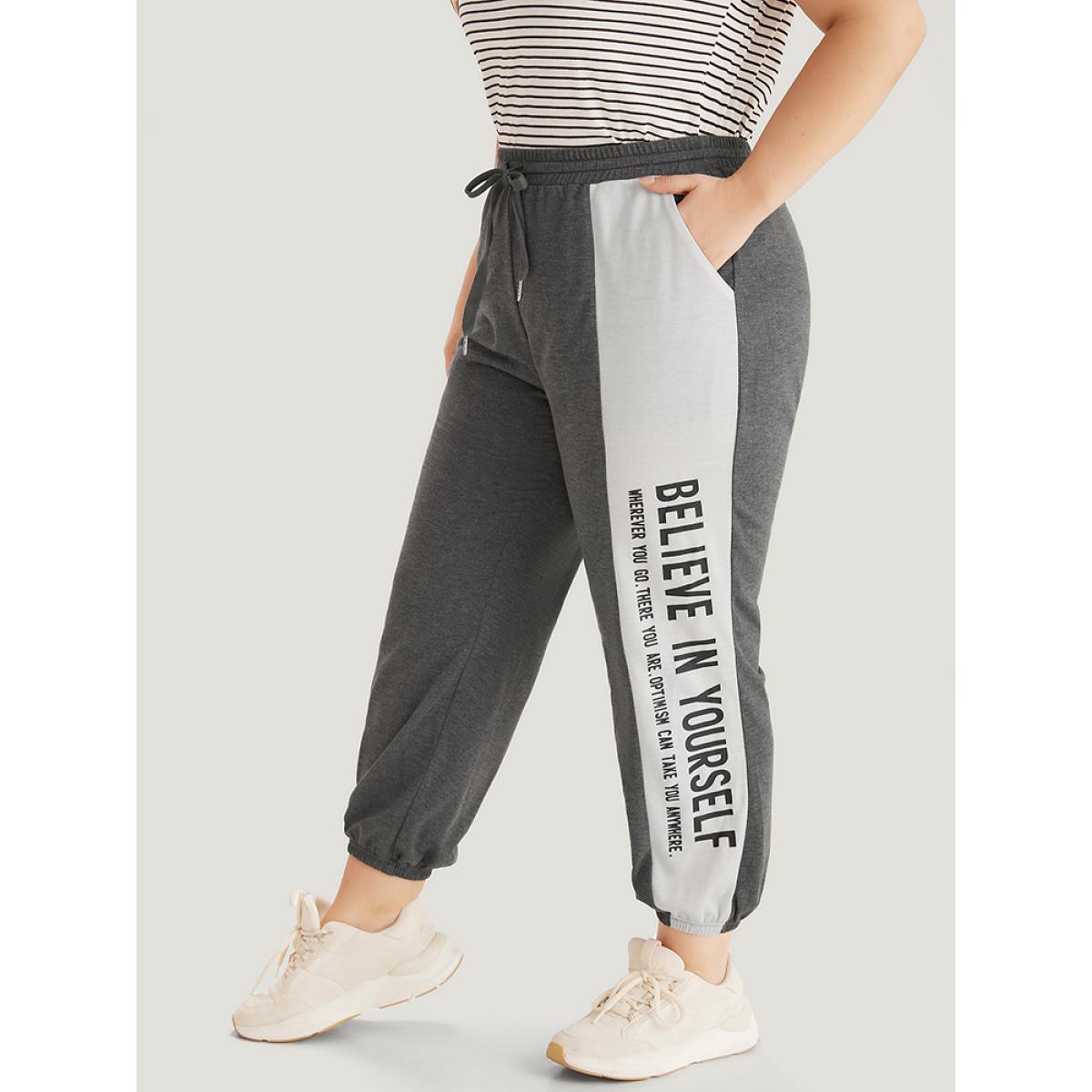 Letter Print Bowknot Contrast Patchwork Pocket Sweatpants Gray Plus Size Women Casual Everyday Contrast 12/L Bloomchic Product Image