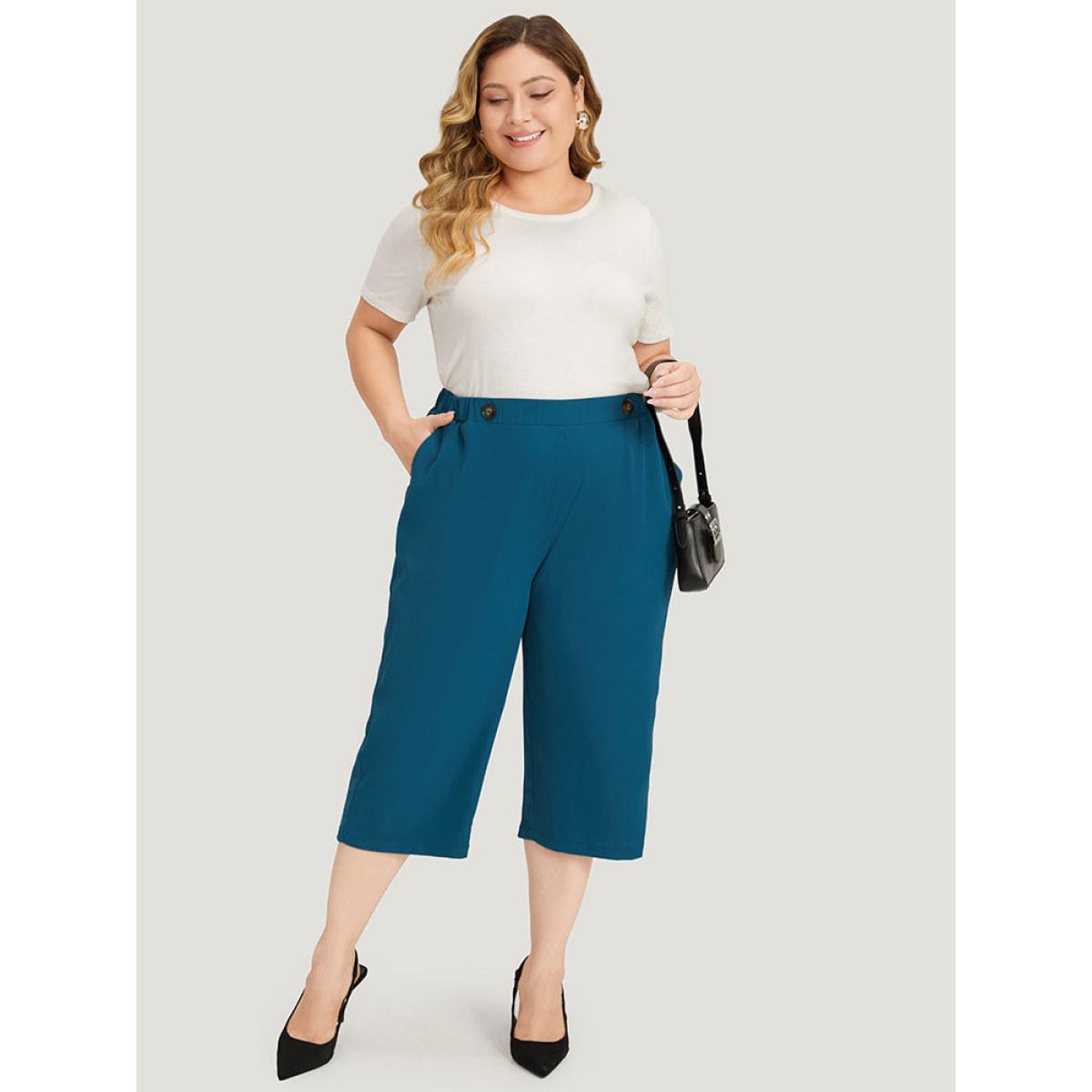 Plus Size Solid Pocket Elastic Waist Button Detail Pants Women Cyan Office Straight Leg Mid Rise Dailywear Pants BloomChic 30/6X Product Image