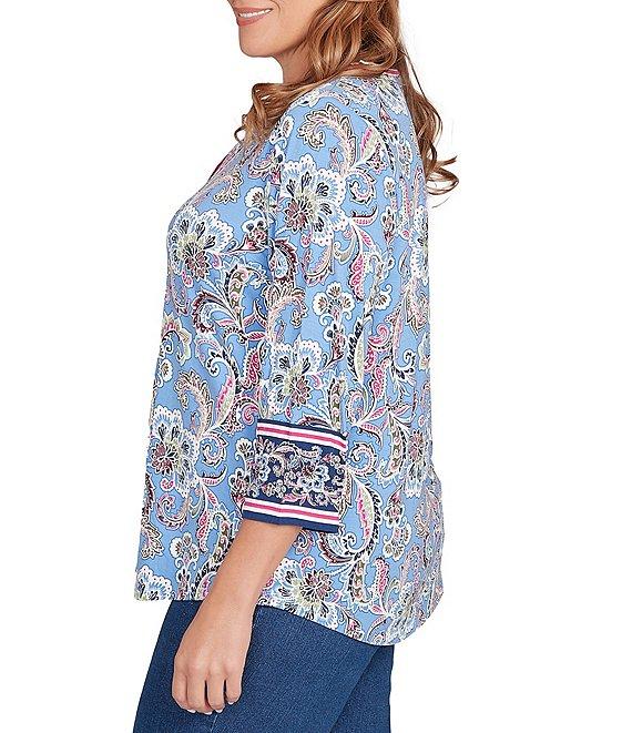 Ruby Rd. Plus Size Jersey Knit Paisley Stripe Ribbon V-Neck 3/4 Sleeve Top Product Image