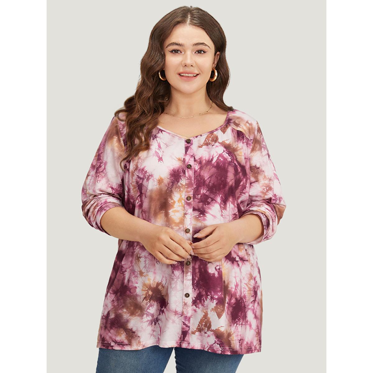 Plus Size Tie Dye Button Detail Round Neck T-shirt Multicolor Women Casual Tie Dye Tie Dye Round Neck Dailywear T-shirts BloomChic 26/4X Product Image