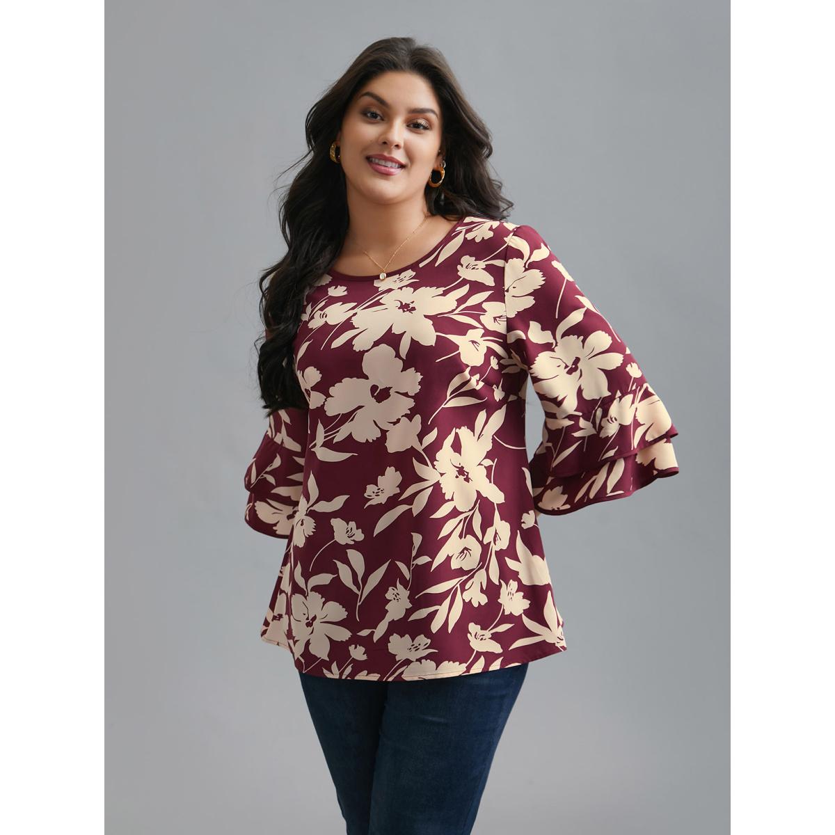 Plus Size Plum Silhouette Floral Print Tiered Ruffles Blouse Women Elegant Elbow-length sleeve Round Neck Everyday Blouses BloomChic 12/L Product Image