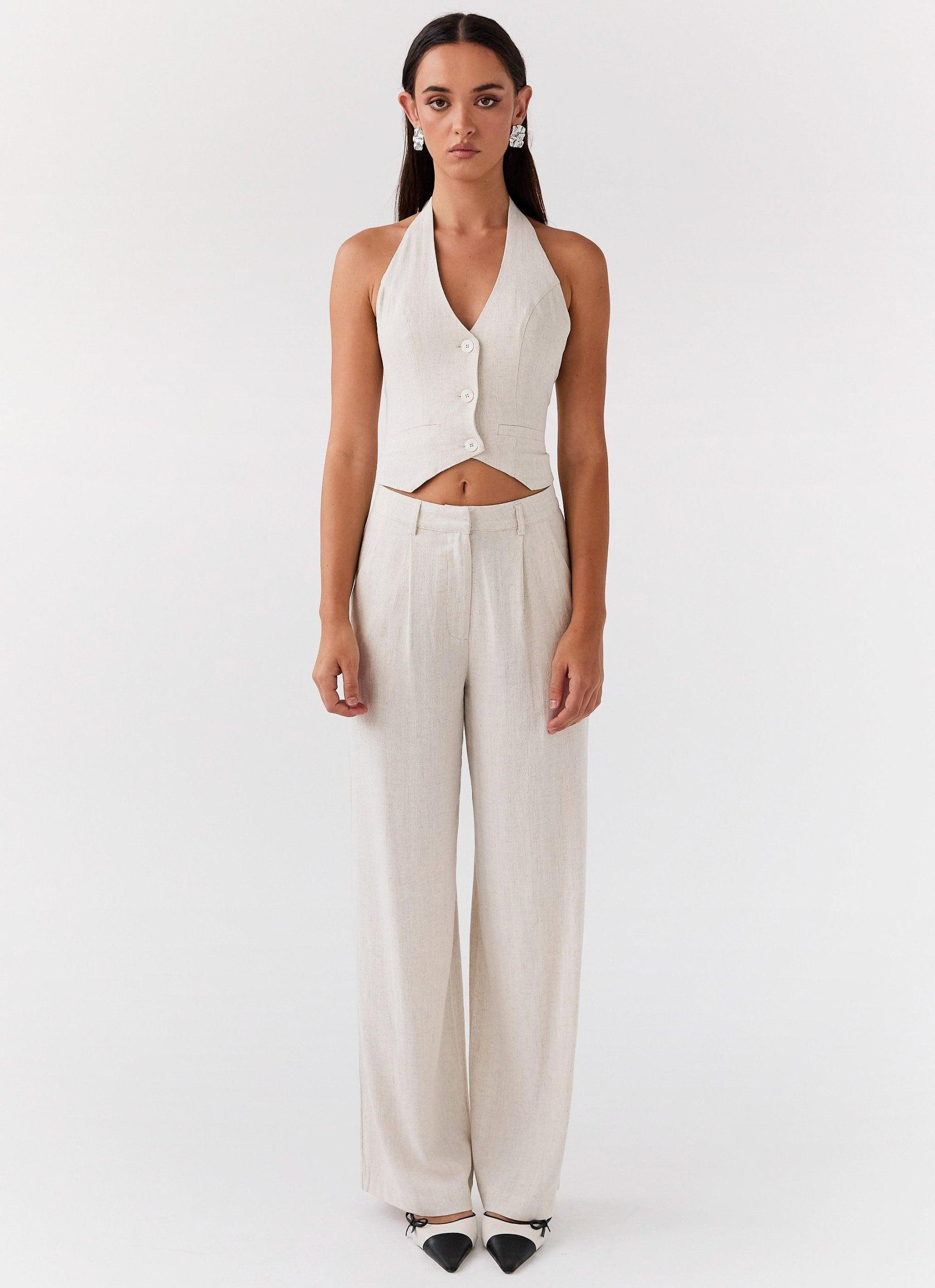 Ambrosa Halterneck Linen Vest - Oatmeal Product Image