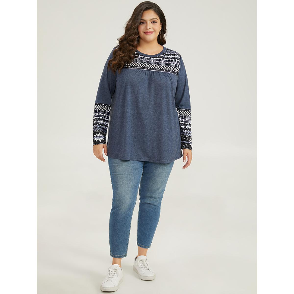 Plus Size Boho Print Round Neck Gathered T-shirt Blue Women Casual Patchwork Bohemian Print Round Neck Dailywear T-shirts BloomChic 30/6X Product Image