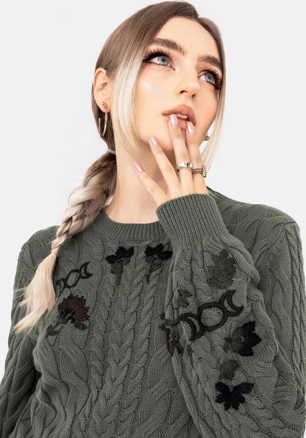 Clara Cotton Floral Embroidered Cable Knit Sweater Product Image