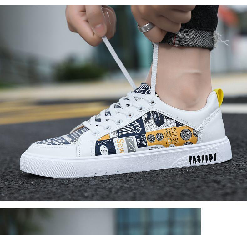 Lettering Print Lace-Up Faux Leather Sneakers Product Image