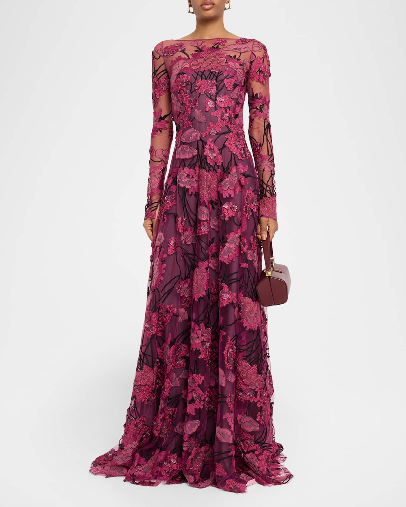 Floral Embroidered Long-Sleeve Illusion Gown Product Image