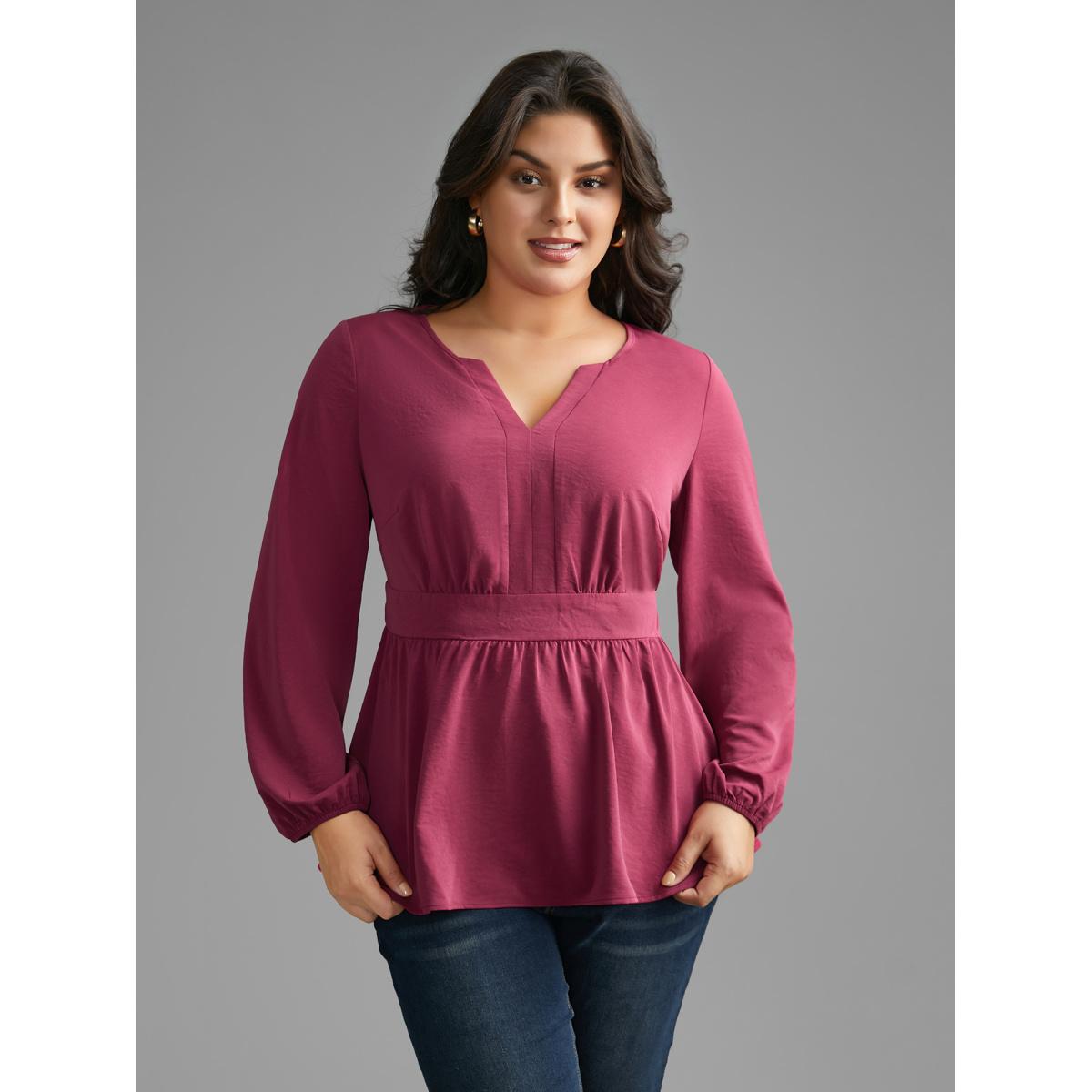 Plus Size RedViolet Notched Collar Gathered Lantern Sleeve Blouse Women Elegant Long Sleeve Notched collar Everyday Blouses BloomChic 22-24/3X Product Image