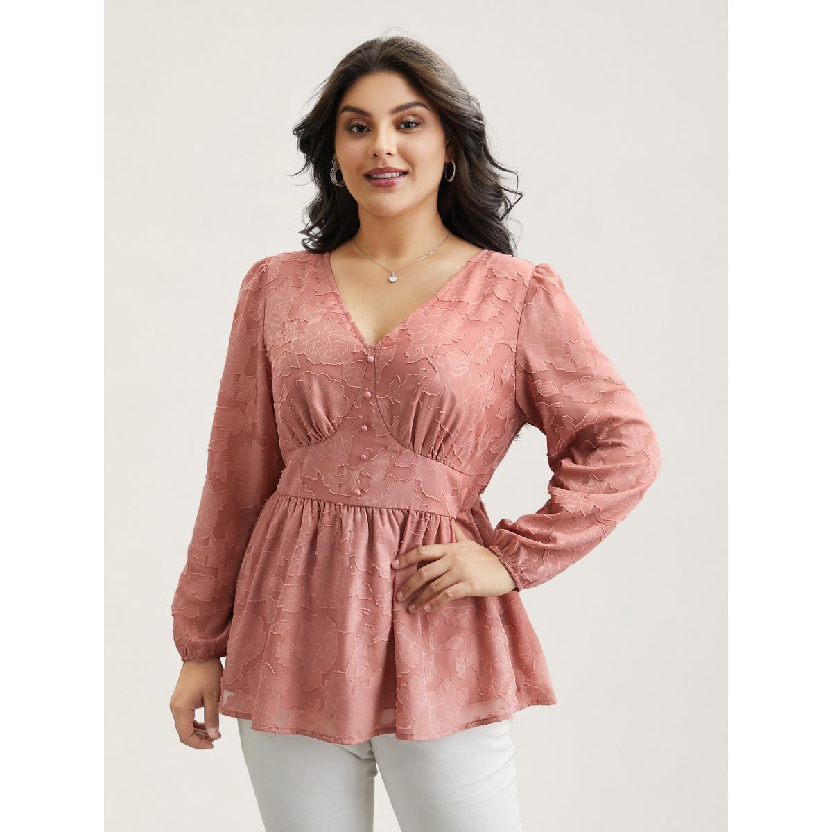 Plus Size Rouge Textured Waist-Cinched Lined Button Shirt Women Elegant Extra Long Sleeve Deep V-neck Everyday Blouses BloomChic 12/L Product Image