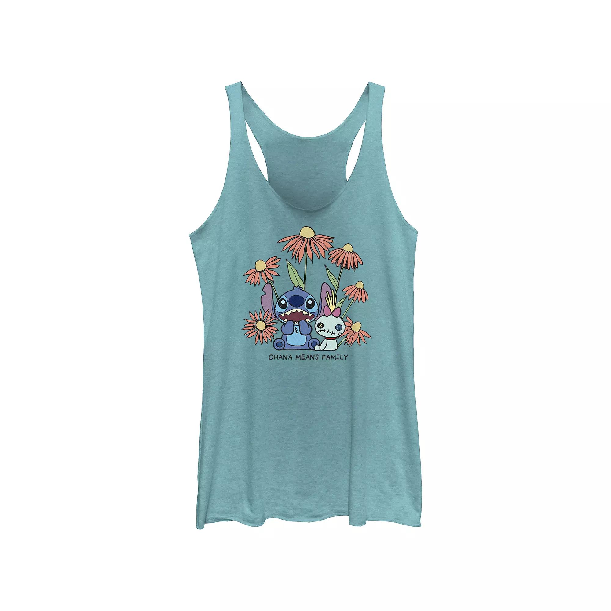 Disney's Lilo & Stitch Ohana Means Family Flower Background Juniors' Tri-Blend Racerback Tank Top, Girl's,  Product Image