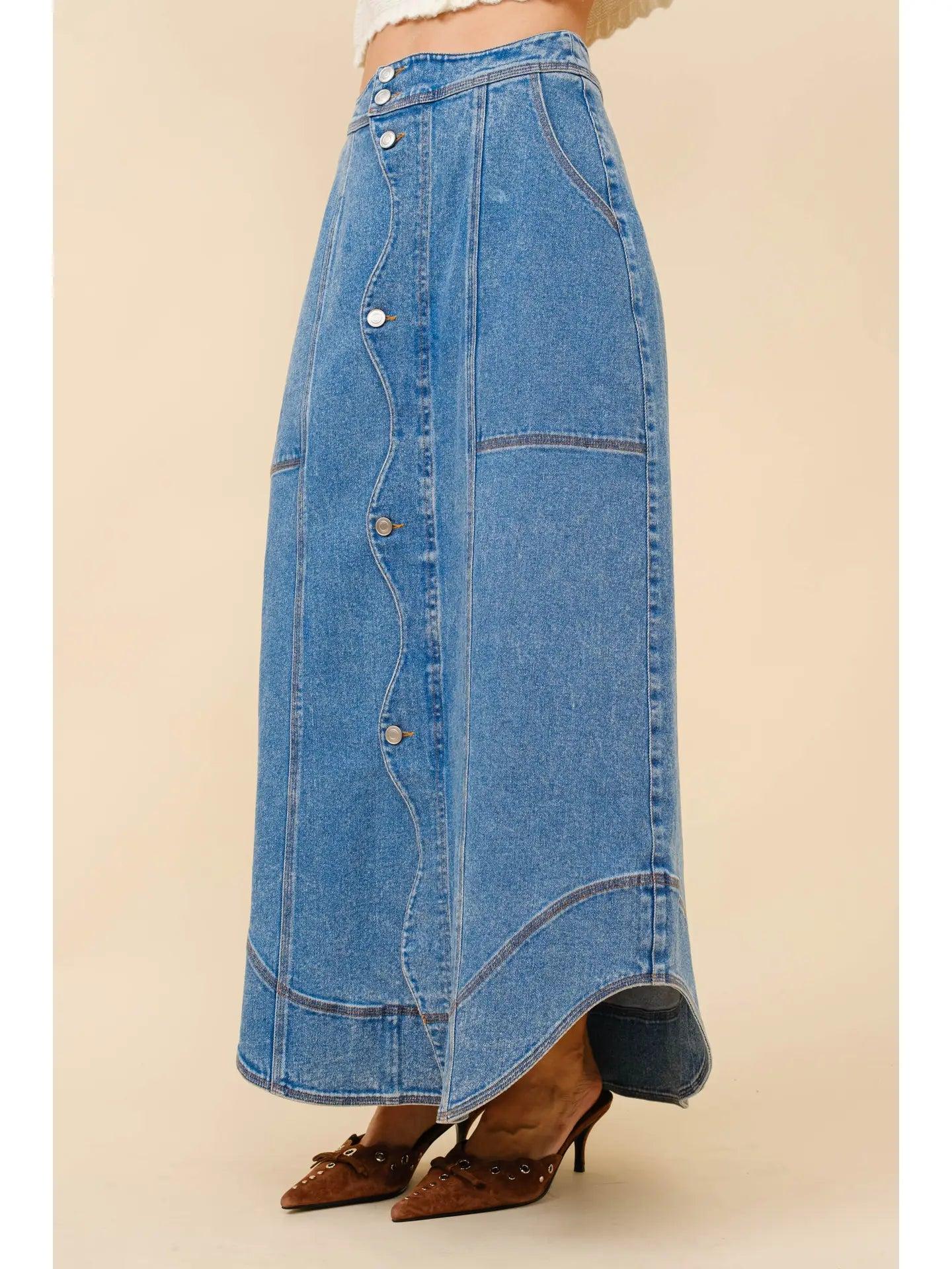 Wavy Denim Maxi Skirt Product Image