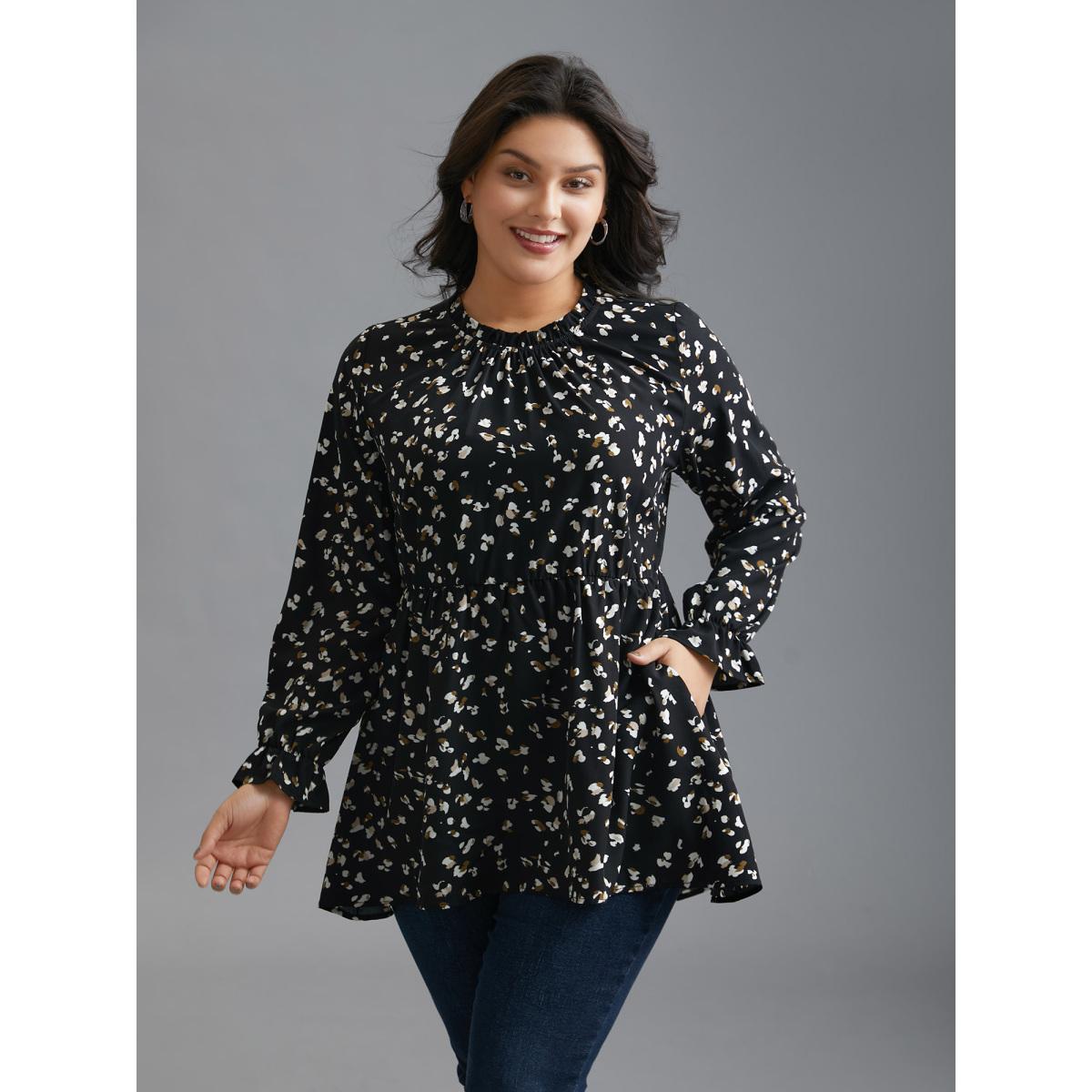 Plus Size Black Color Leopard Print Frill Trim Blouse Women Elegant Long Sleeve Round Neck Everyday Blouses BloomChic 30/6X Product Image