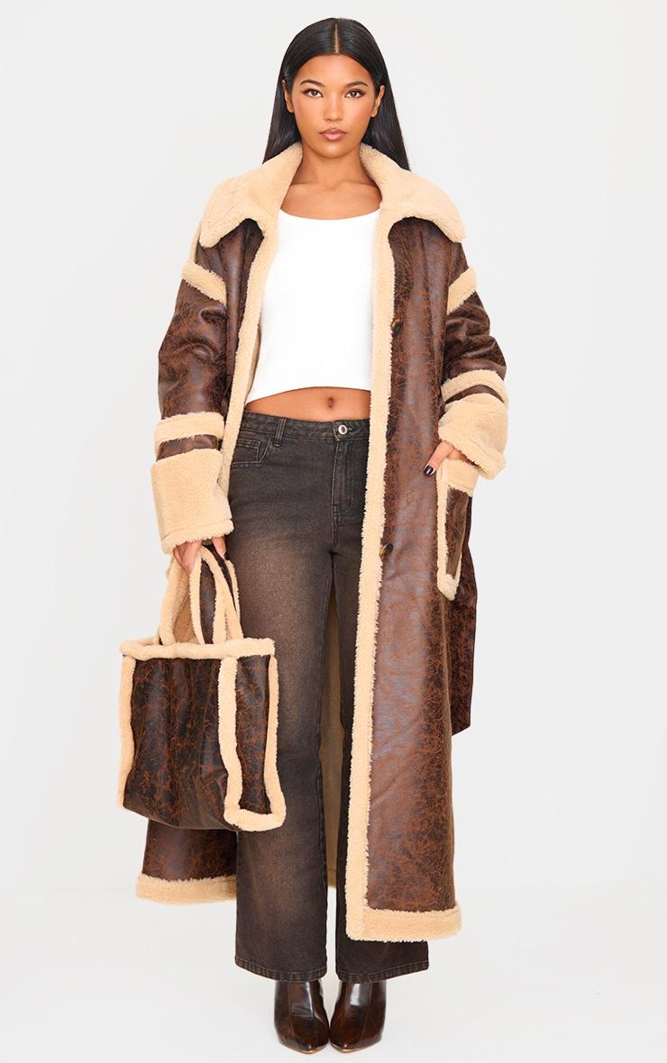 Brown Faux Leather Vintage Look Borg Coat Product Image