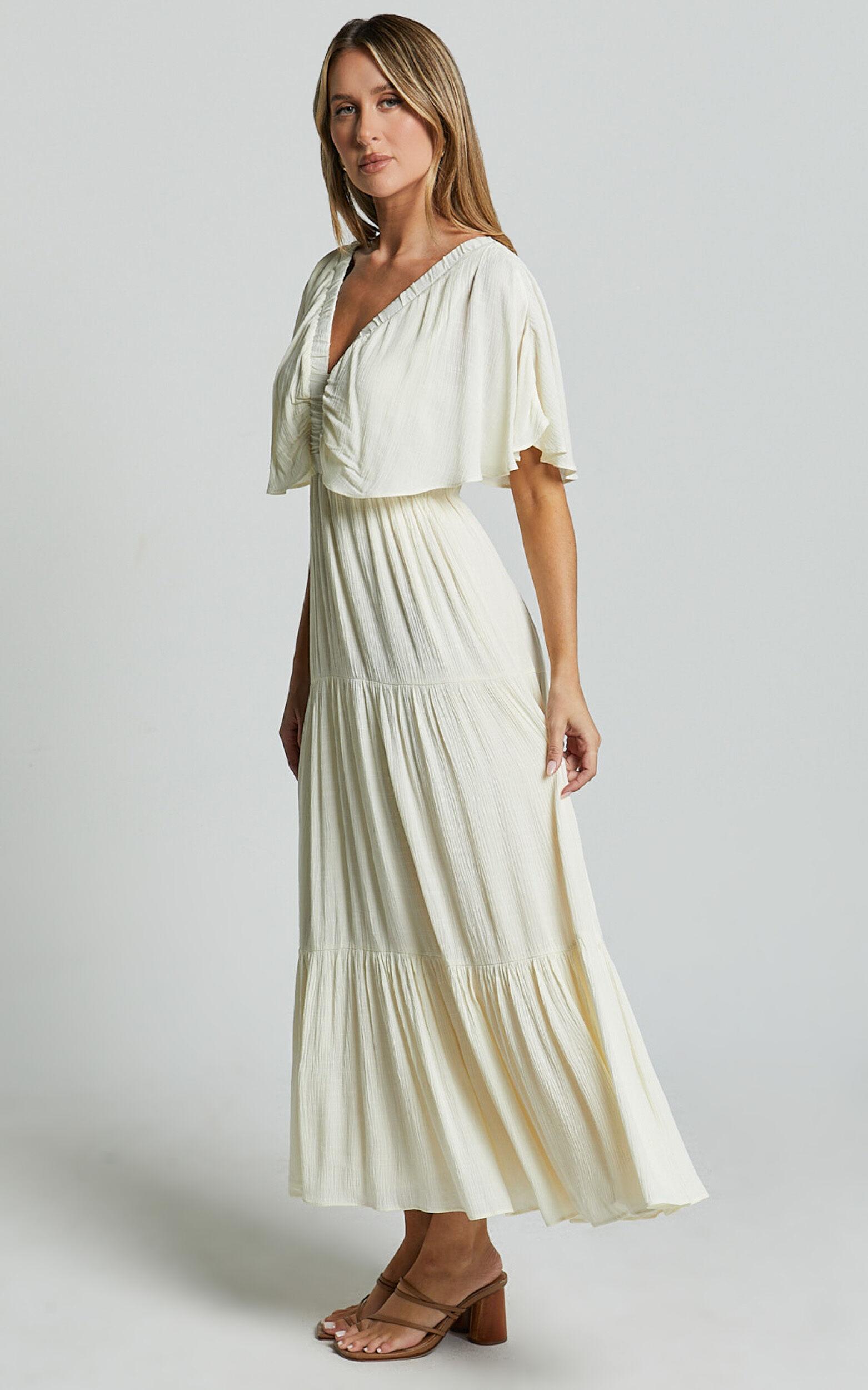 Danny Midi Dress - Ruffle Sleeve Tiered Dress in Natural Product Image