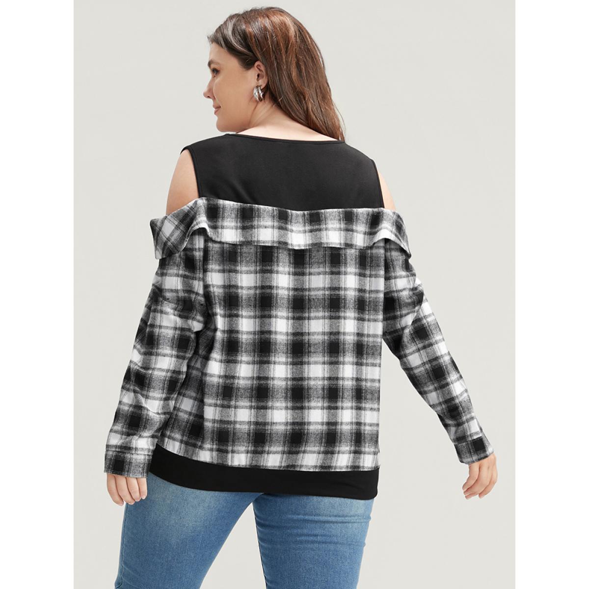 Plus Size Plaid Patchwork Cold Shoulder Sweatshirt Women Black Elegant Patchwork Cold Shoulder Dailywear Sweatshirts BloomChic 18-20/2X Product Image