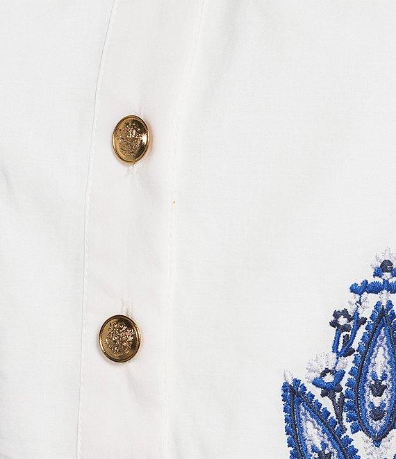 A Loves A Embroidered Paisley Mandarin Collar Short Bubble Sleeve Button Front Tie Waist Sheath Dress Product Image