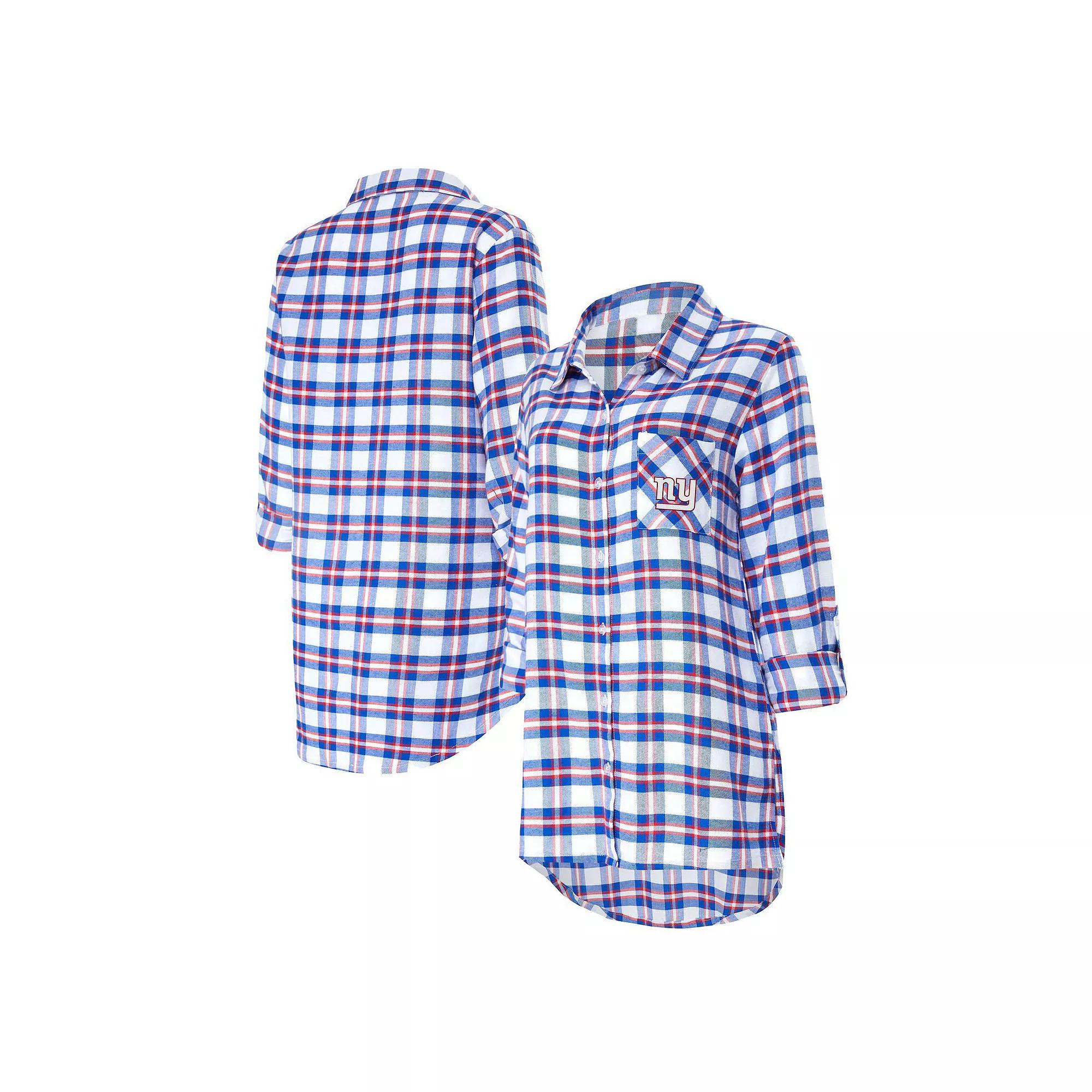 Women's Concepts Sport Royal New York Giants Sienna Plaid Full-Button Long Sleeve Nightshirt, Size: Large, Blue Product Image