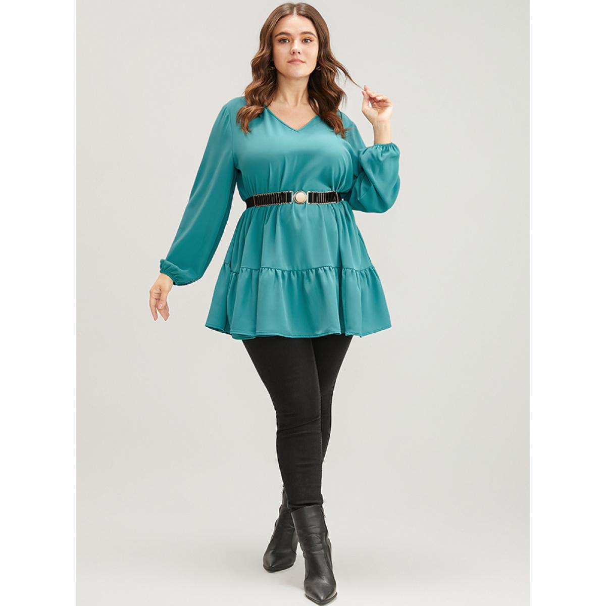 Plus Size Aegean Solid V Neck Lantern Sleeve Ruffle Hem Blouse Without Belt Women Elegant Long Sleeve V-neck Dailywear Blouses BloomChic 10/M Product Image