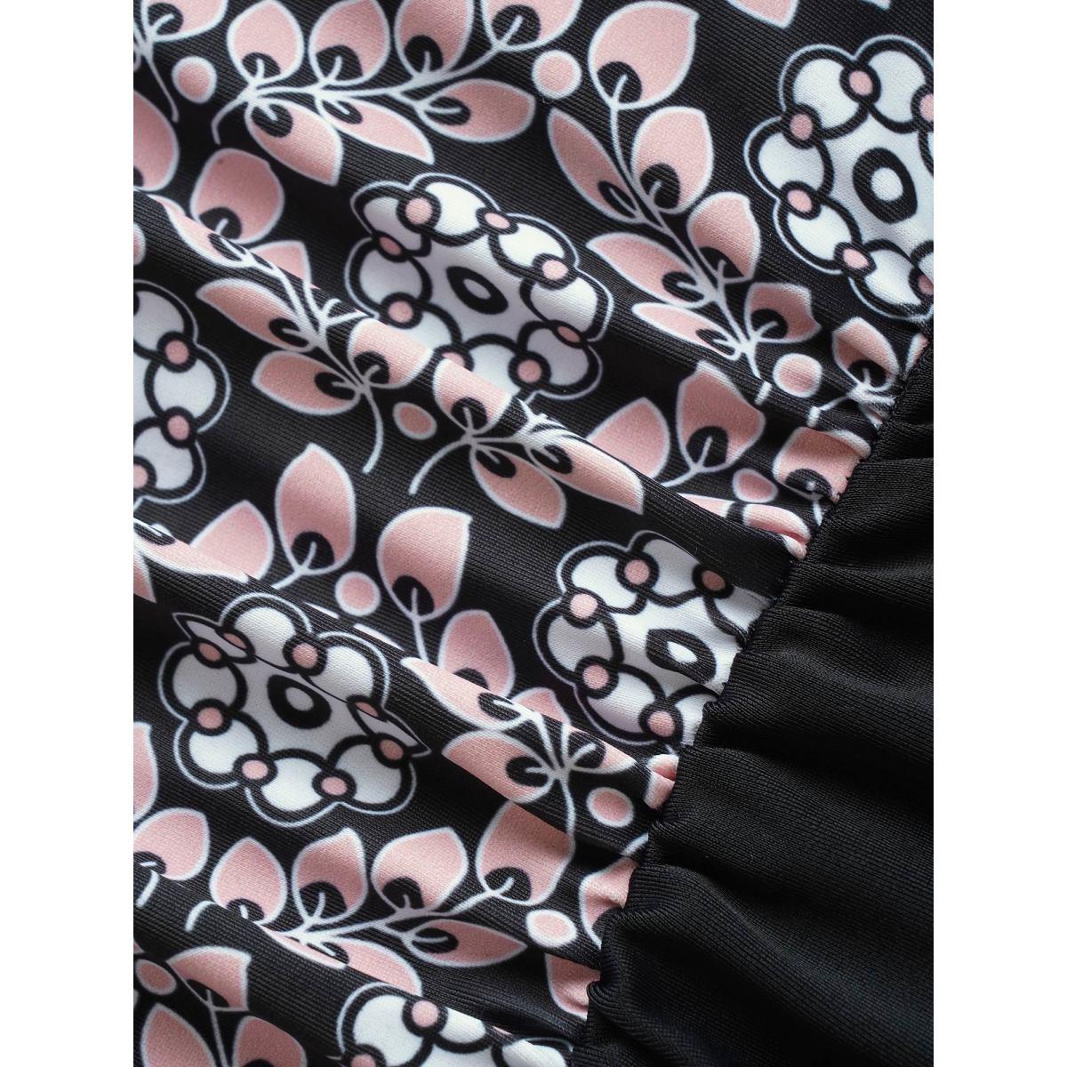 Plus Size Overlap Collar Boho Print Patchwork One Piece Swimsuit Women's Swimwear Black Beach Gathered Curve Bathing Suits High stretch One Pieces BloomChic 30/6X Product Image