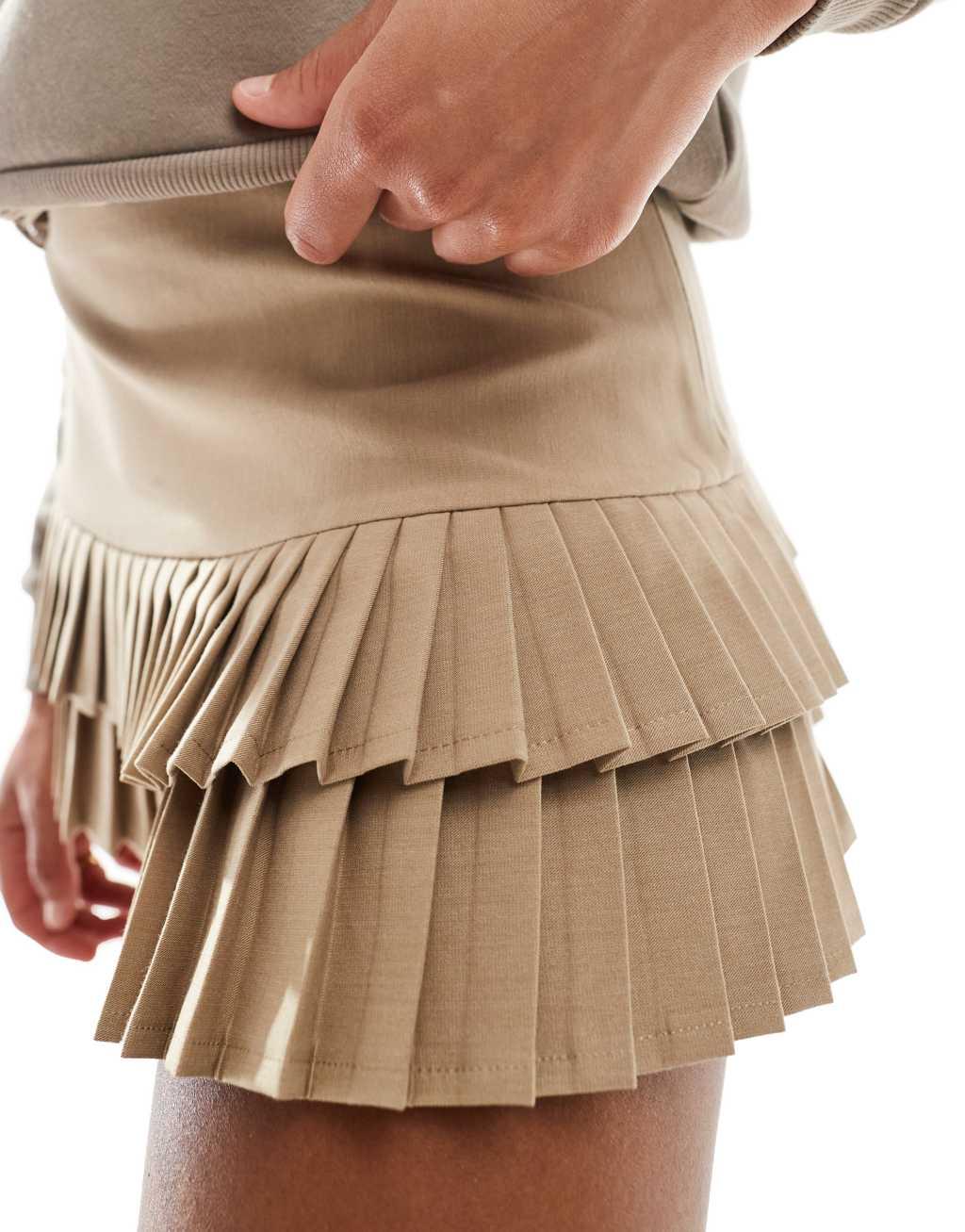 Bershka pleated detail mini skirt in camel Product Image