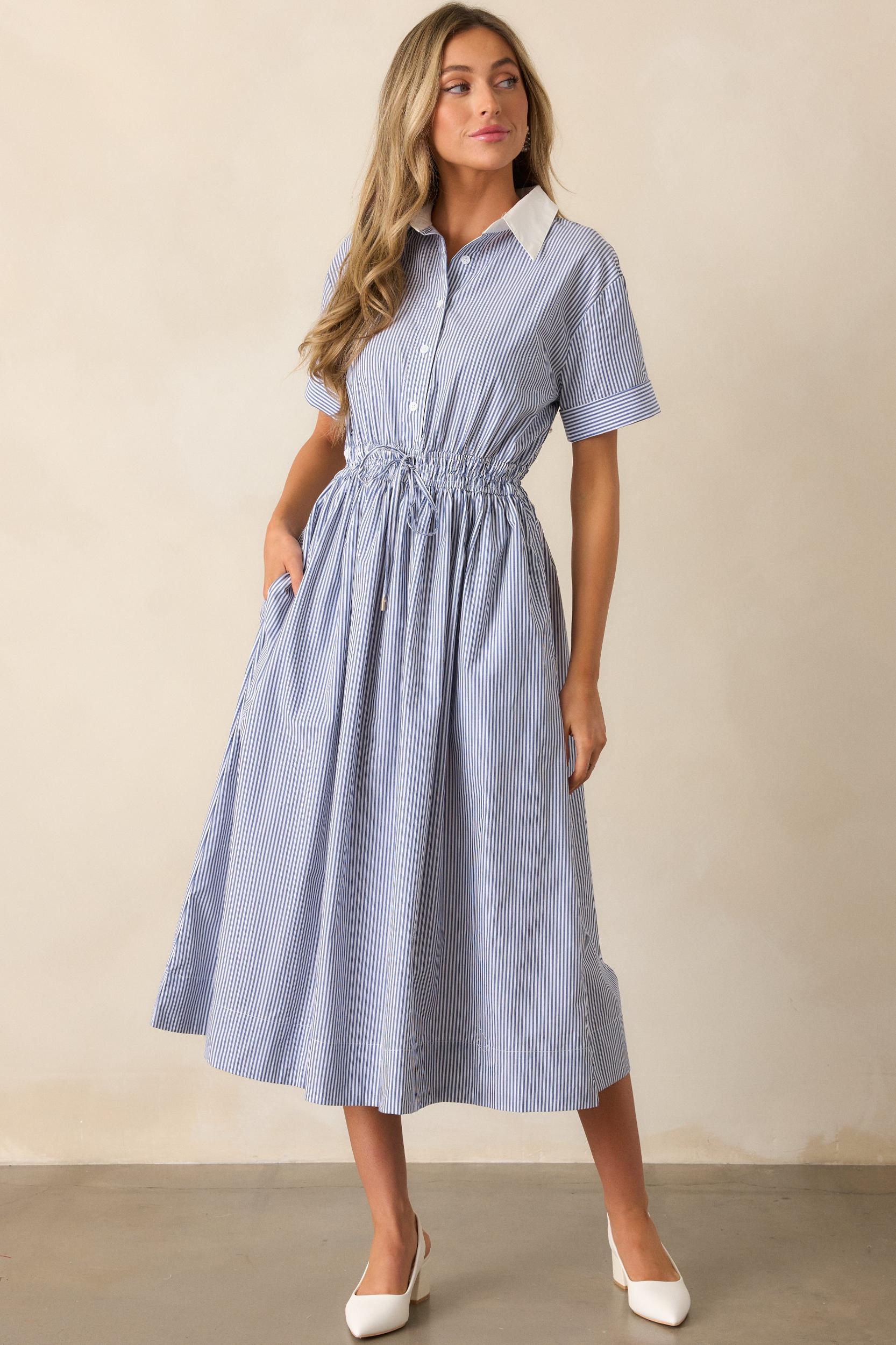 Making My Way Home Cotton Blue Stripe Short Sleeve Maxi Dress Product Image
