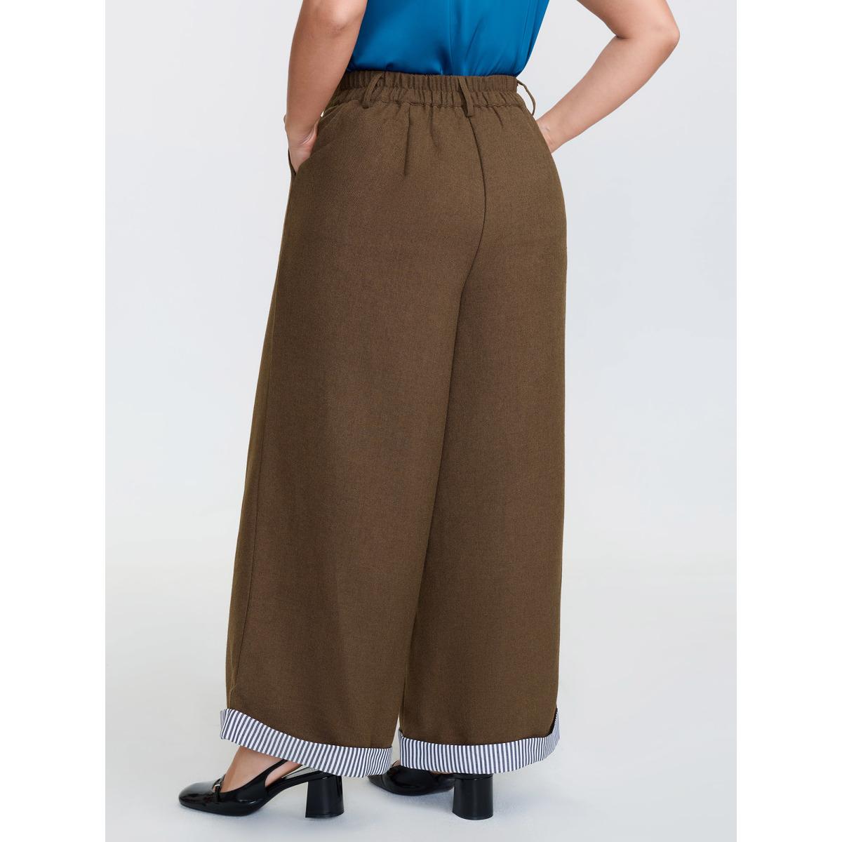Plus Size Striped Color-Blocked Hem Pants Women Browncoffeecolor Office Straight Leg Mid Rise Office Pants BloomChic 26/4X Product Image