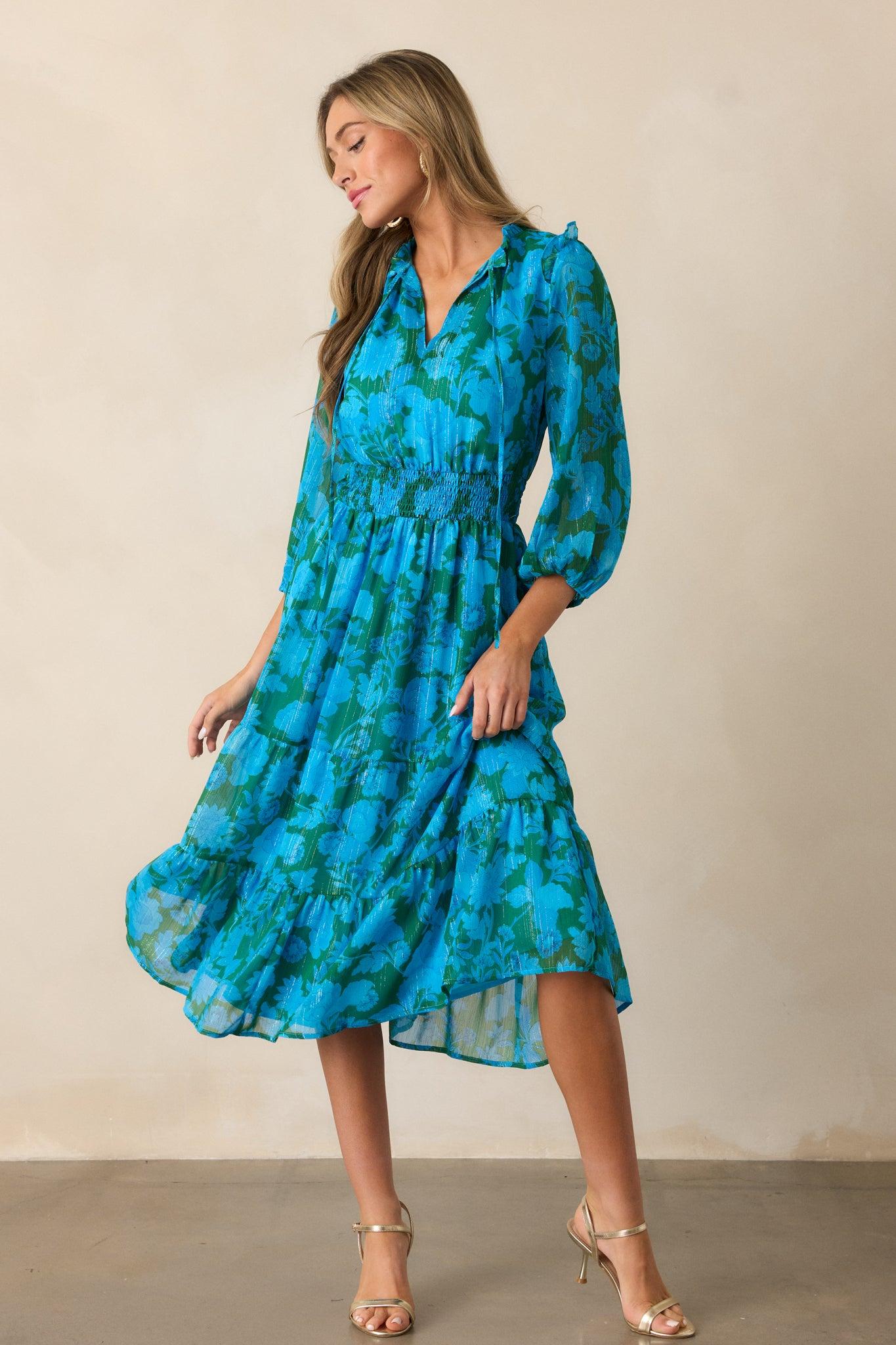 Rising Tides Blue Floral Long Sleeve Midi Dress Product Image