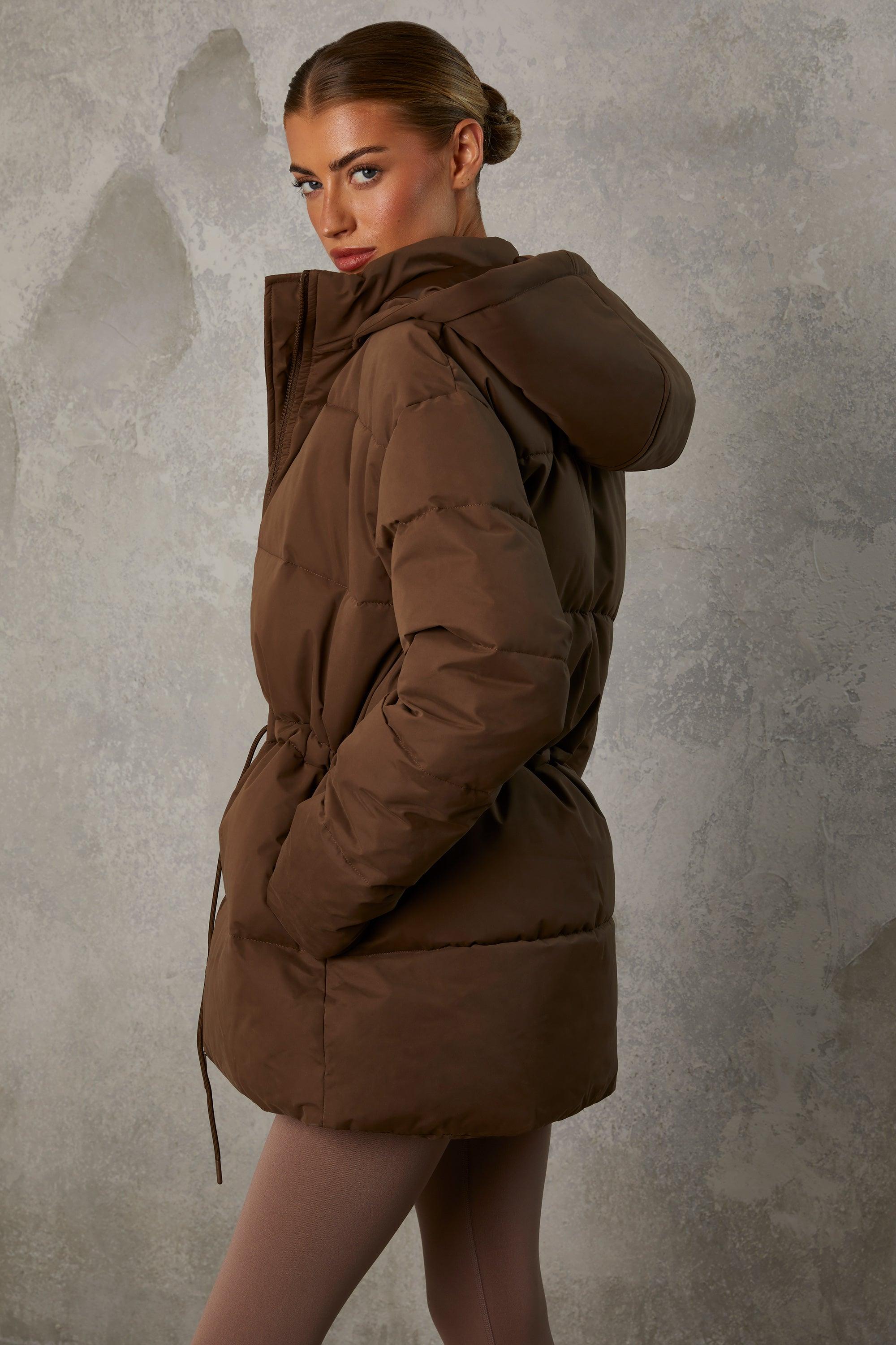 Mid Length Hooded Puffer Coat in Cocoa Brown Female Product Image