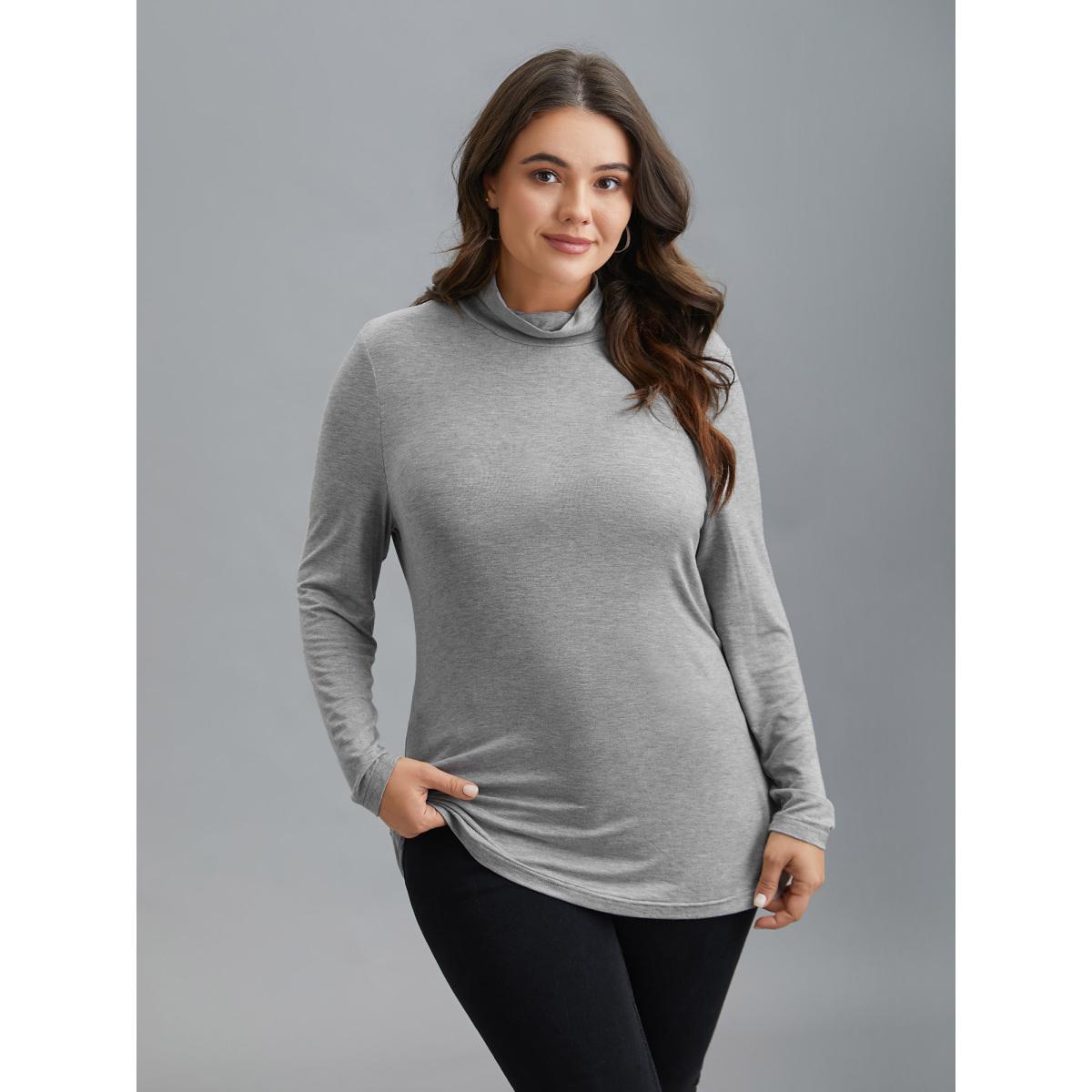Plus Size Supersoft Essentials Solid Funnel Neck Knit T-shirt LightGray Women Elegant Plain Plain Ruffled collar Bodycon Dailywear T-shirts BloomChic 28/5X Product Image