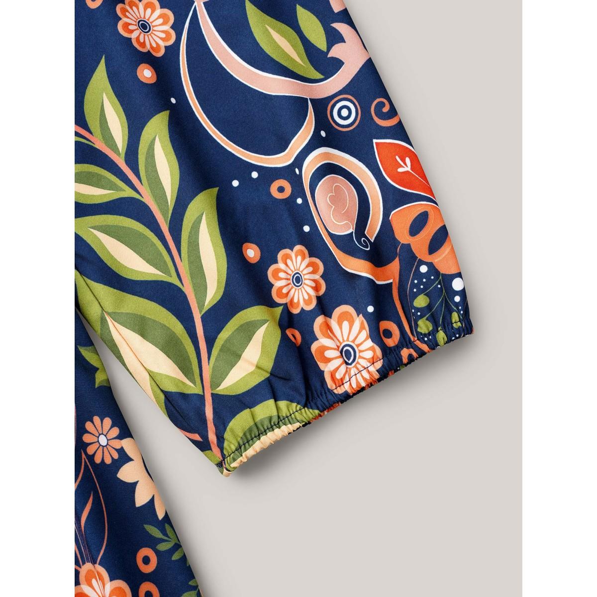 Plus Size Boho Print V-Neck Pockets Midi Dress DarkBlue Women Boho Non V-neck Elbow-length sleeve Curvy BloomChic 26/4X Product Image