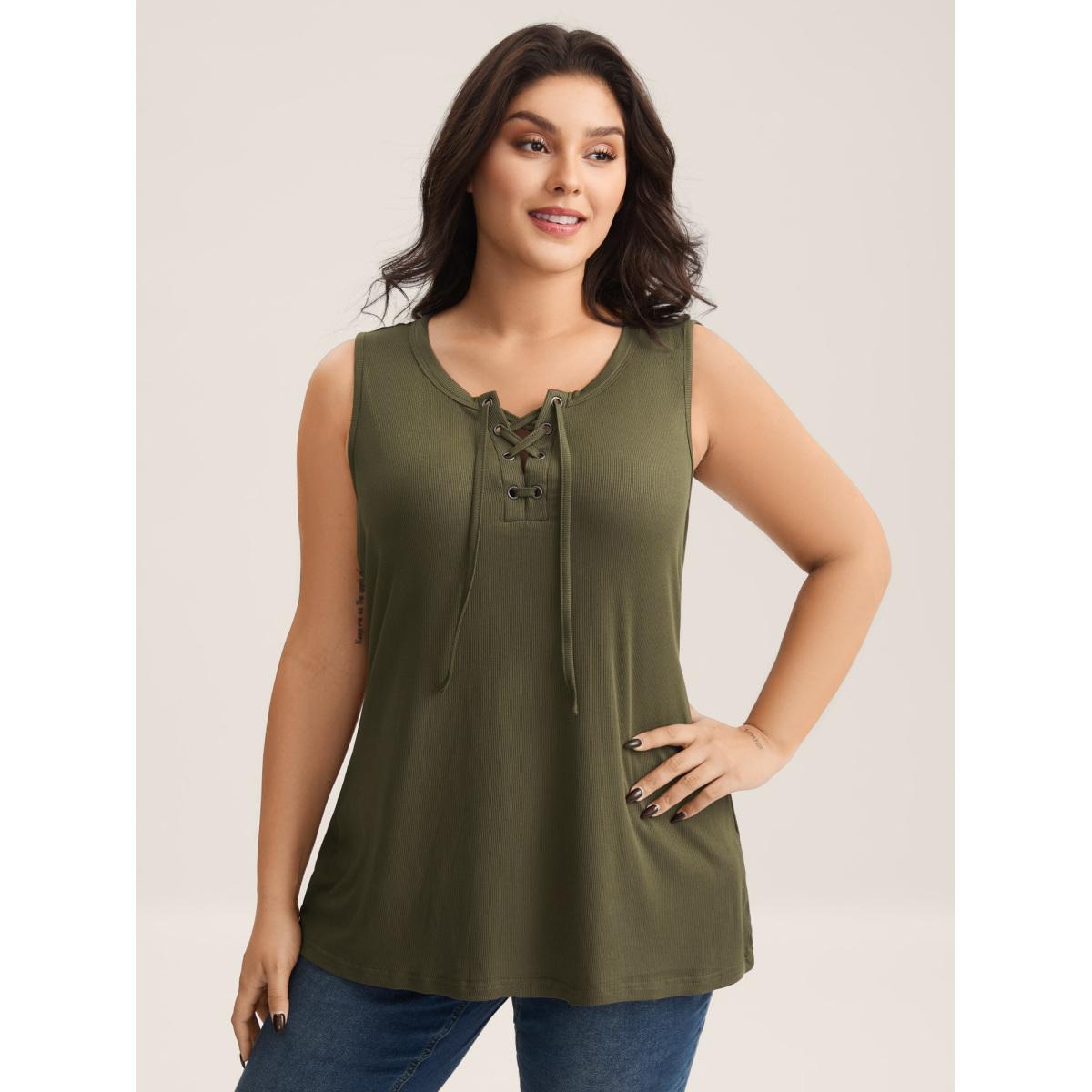 Plus Size Pit Strip Tie Neck Tank Top Women ArmyGreen Leisure Eyelet Non Casual Tank Tops Camis BloomChic 26/4X Product Image