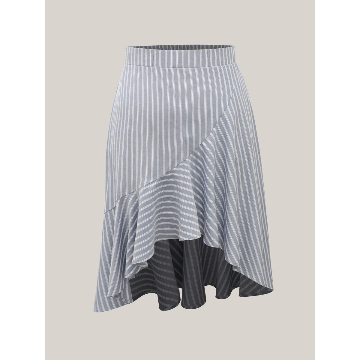 Plus Size Stripe Print High-Low Hem Midi Skirt Women SlateGray At the Office Asymmetrical Bodycon No stretch Side seam pocket Office Skirts BloomChic 12/L Product Image