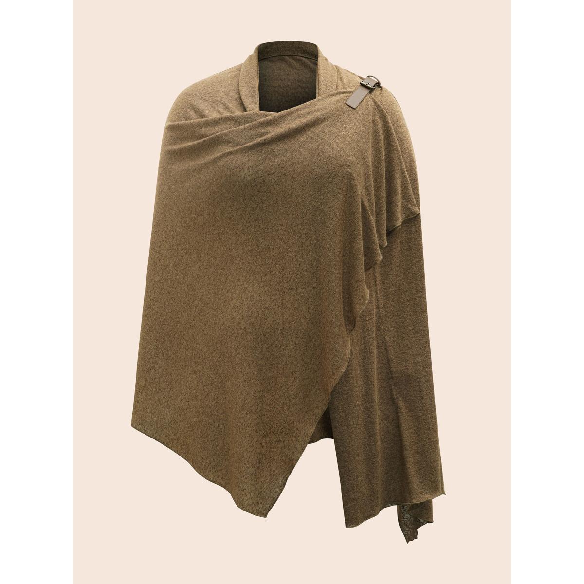 Plus Size Knitted Leather Buckle Cape Styled Shawl Women Yellowishbrown Elegant Asymmetrical Loose Ladies Everyday Winter Coats BloomChic 12/L Product Image