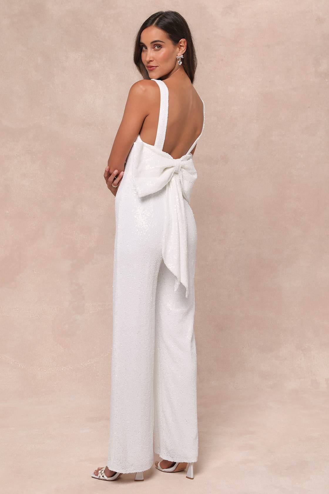 Feeling Sparkly White Sequin Bow Wide-Leg Jumpsuit Product Image