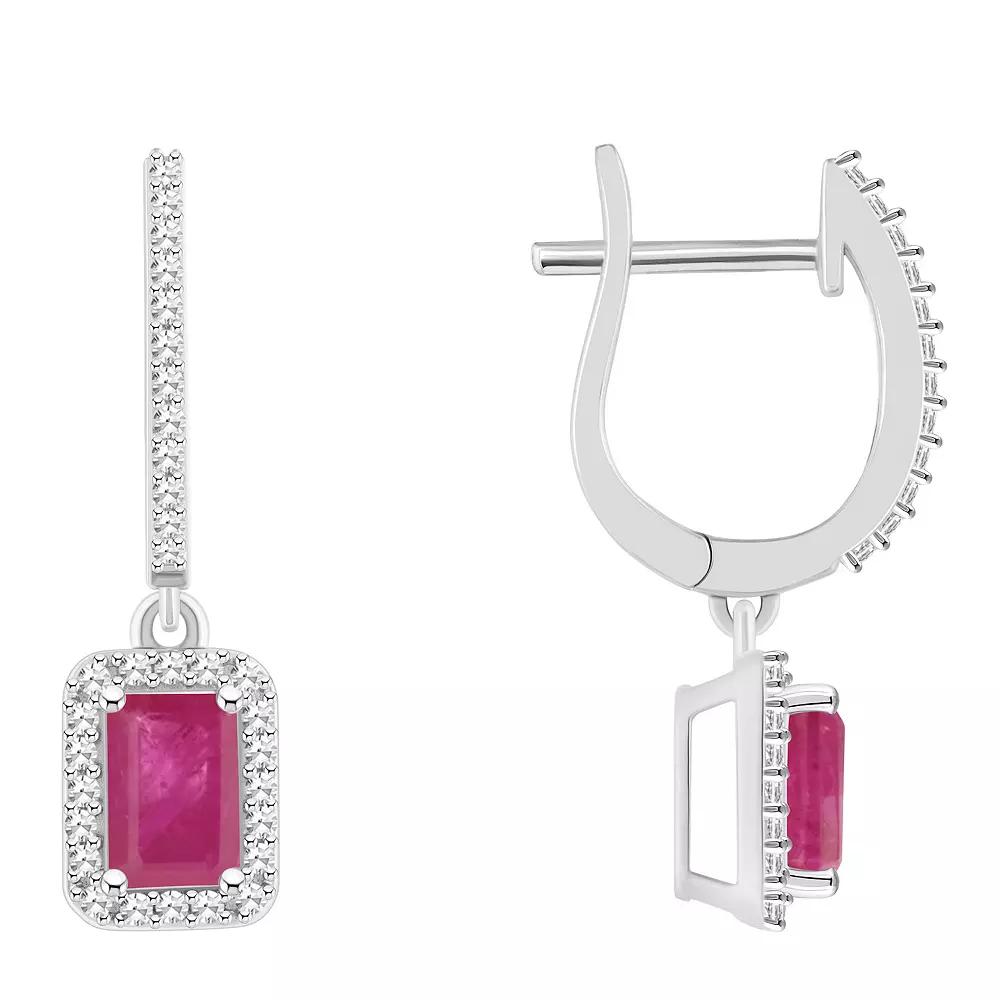Celebration Gems Sterling Silver Emerald-Cut Ruby & 1/3 Carat T.W. Diamond Hoop Drop Earrings, Women's Product Image