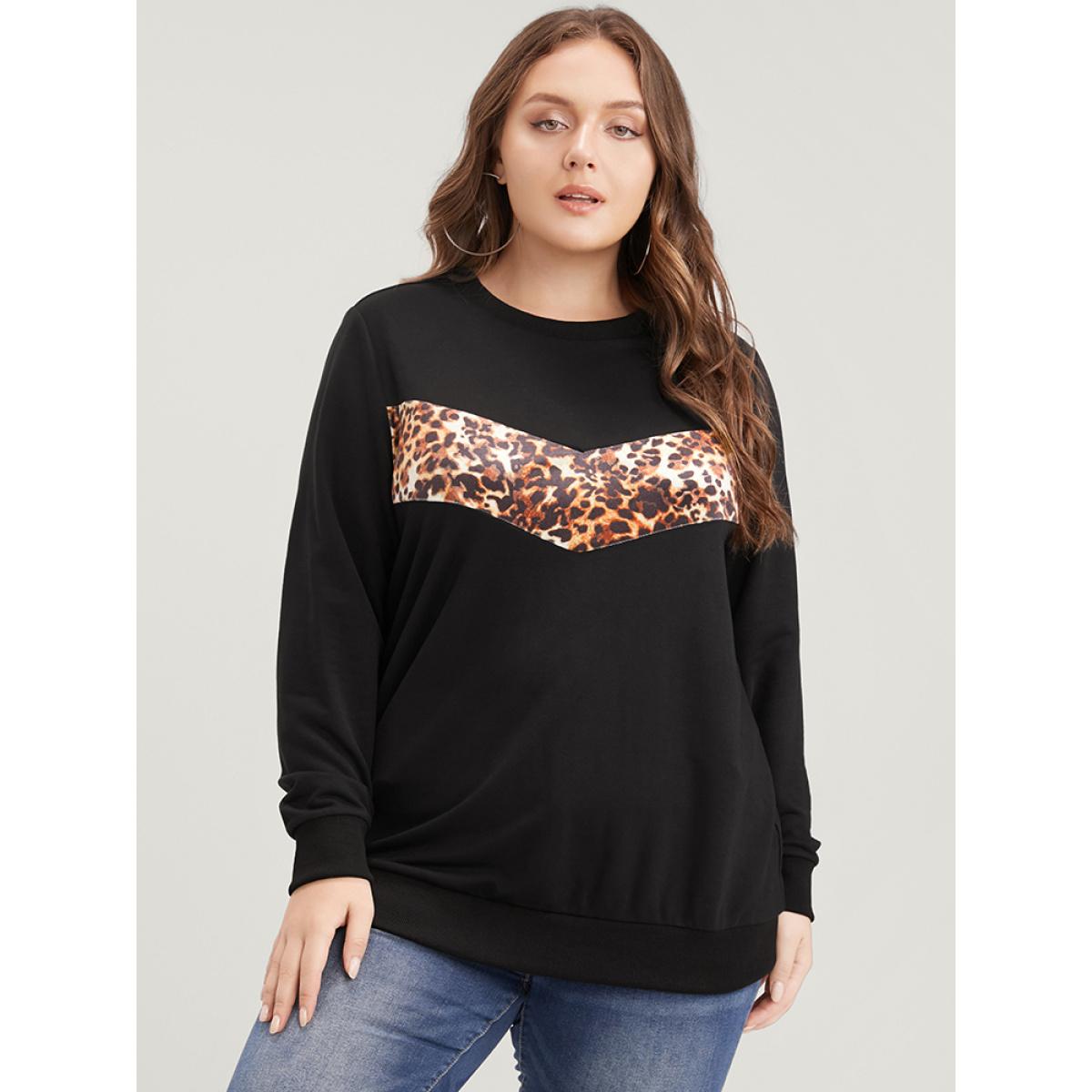 Plus Size Leopard Patchwork Round Neck Drop Shoulder Sweatshirt Women Black Casual Patchwork Round Neck Dailywear Sweatshirts BloomChic 10/M Product Image