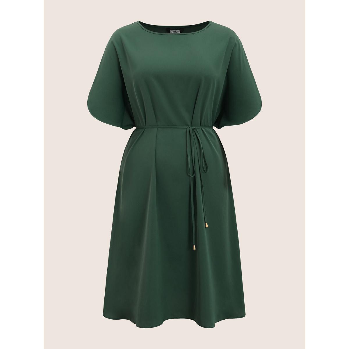 Plus Size Solid Boat Neck Dolman Sleeve Belted Dress DarkGreen Women Work From Home Belted Boat Neck Cap Sleeve Curvy BloomChic 14-16/1X Product Image