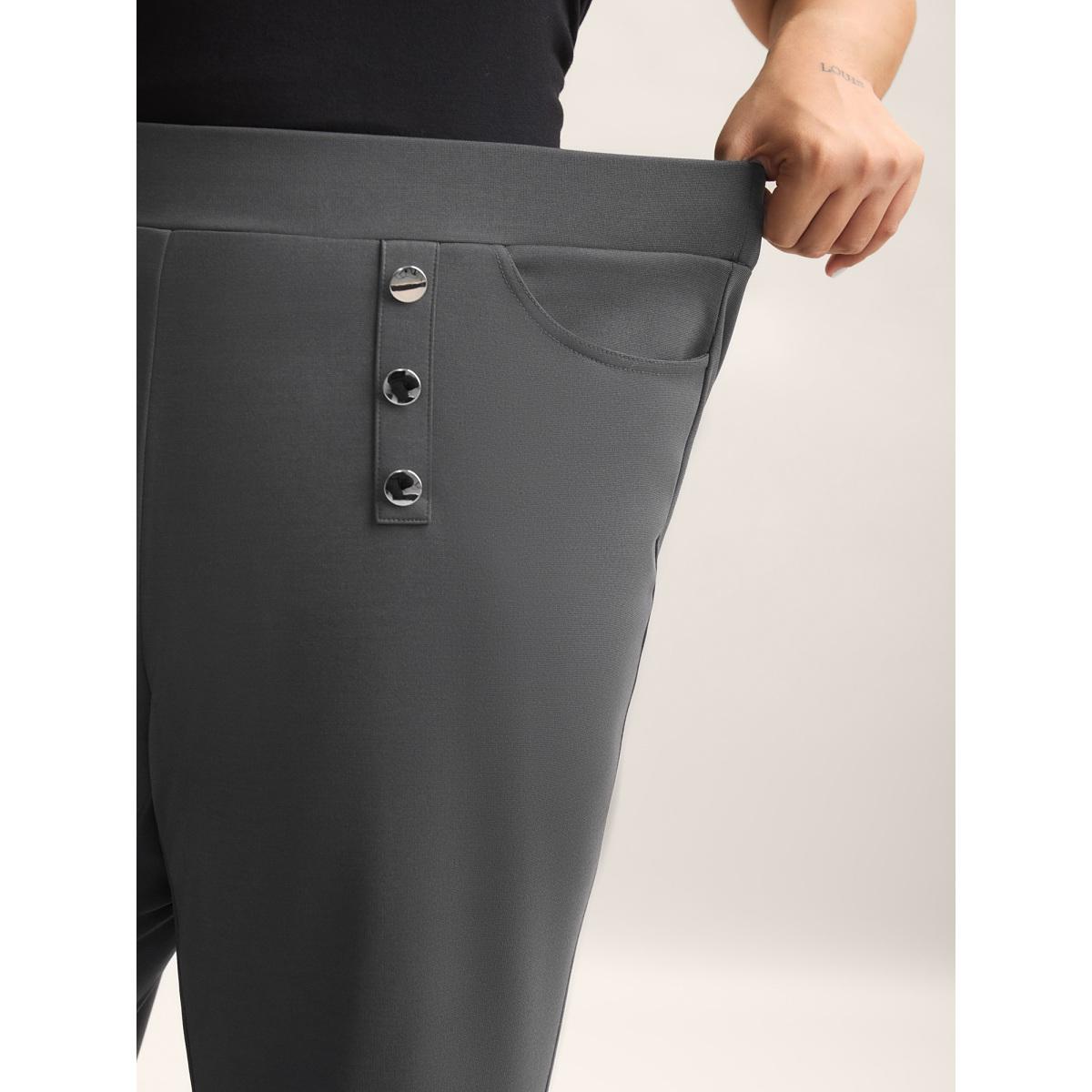 Plus Size Button No-Waist Gap Pull On Pants Women DimGray At the Office Bootcut Mid Rise Work Pants BloomChic 14-16/1X Product Image