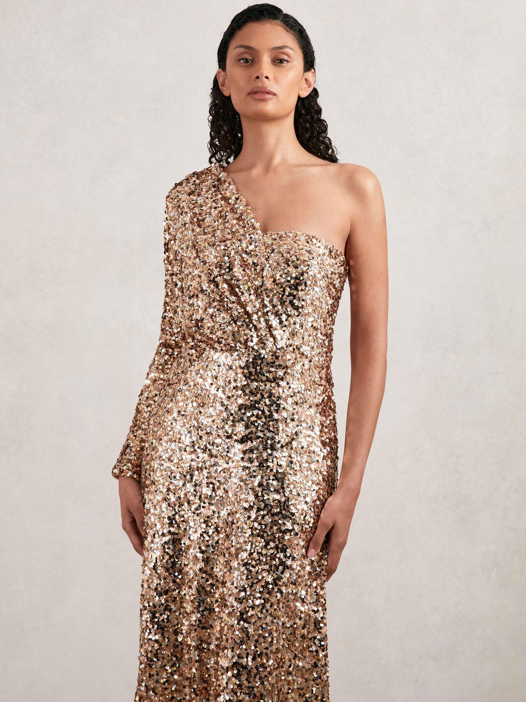 Halston Sequin One Shoulder Maxi Dress in Gold Product Image