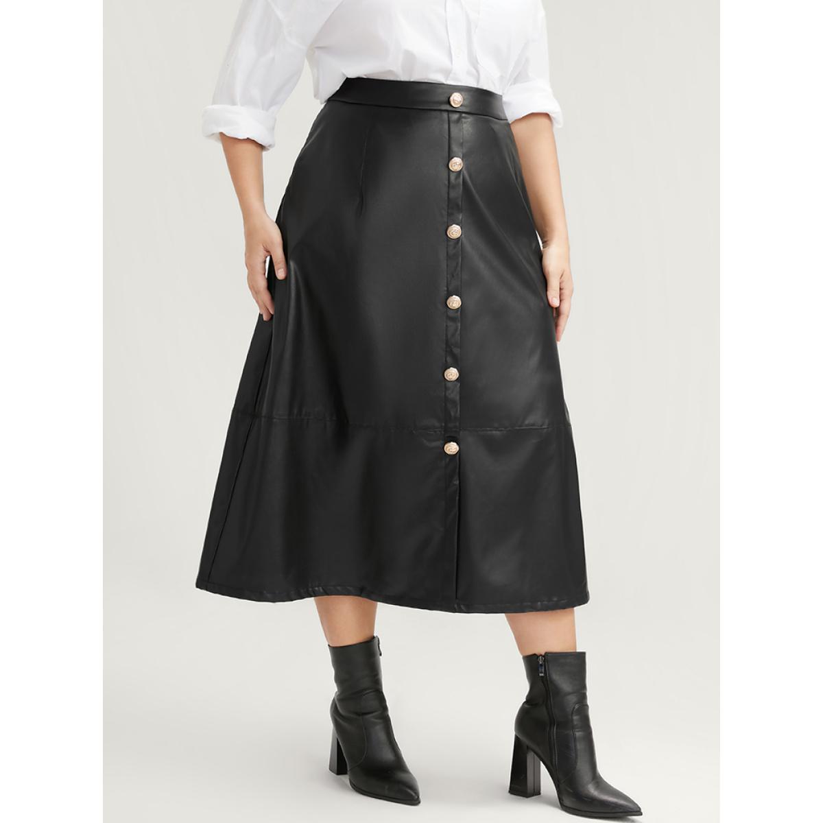 Plus Size PU Leather Button Detail Skirt Women Black Glamour Button Low stretch Going out Skirts BloomChic 26/4X Product Image