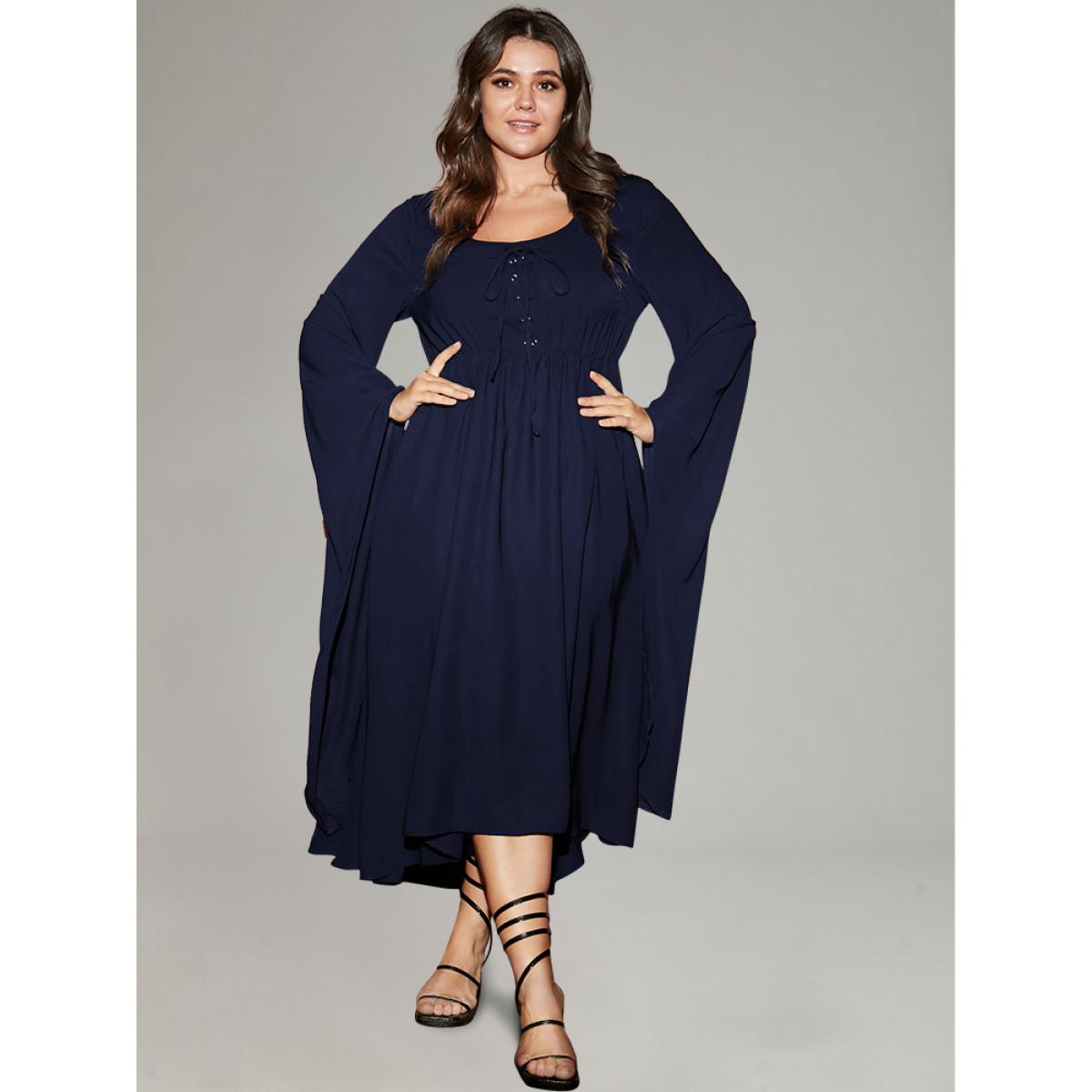 Plus Size Solid Bell Sleeve Pocket Ties High Low Hem Dress DarkBlue Women Playful Non V-neck Long Sleeve Curvy Midi Dress BloomChic 30/6X Product Image