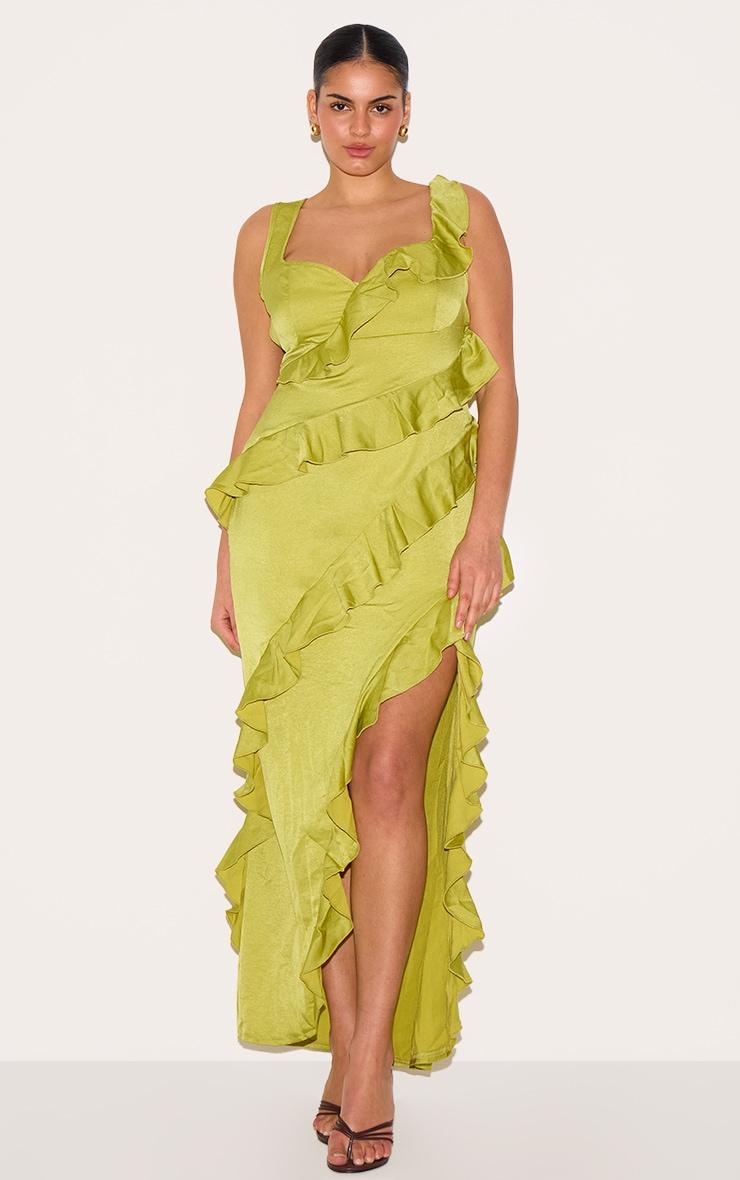 Plus Olive Satin Frill Layered Maxi Dress Product Image