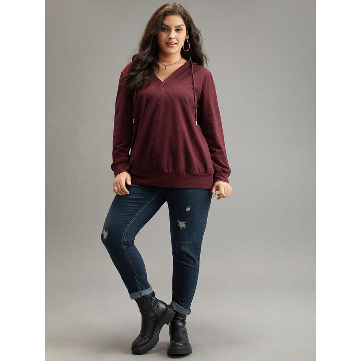 Plus Size Cotton Hooded Drawstring Sweatshirt Women Burgundy Elegant Wrap Hooded Dailywear Sweatshirts BloomChic 28/5X Product Image